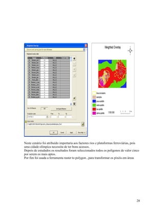 Neste cenário foi atribuído importaria aos factores rios e plataformas ferroviárias, pois
uma cidade olímpica necessita de ter bons acessos.
Depois de estudados os resultados foram seleccionados todos os polígonos de valor cinco
por serem os mais aptos.
Por fim foi usada a ferramenta raster to polygon , para transformar os pixéis em áreas




                                                                                       28
 