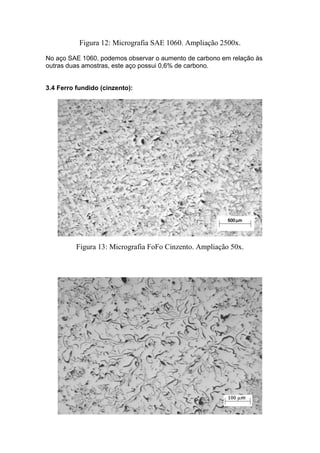 Figura 12: Micrografia SAE 1060. Ampliação 2500x.

No aço SAE 1060, podemos observar o aumento de carbono em relação às
outras duas amostras, este aço possui 0,6% de carbono.


3.4 Ferro fundido (cinzento):




          Figura 13: Micrografia FoFo Cinzento. Ampliação 50x.
 