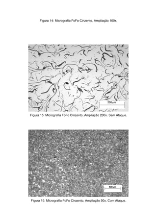 Figura 14: Micrografia FoFo Cinzento. Ampliação 100x.




Figura 15: Micrografia FoFo Cinzento. Ampliação 200x. Sem Ataque.




Figura 16: Micrografia FoFo Cinzento. Ampliação 50x. Com Ataque.
 