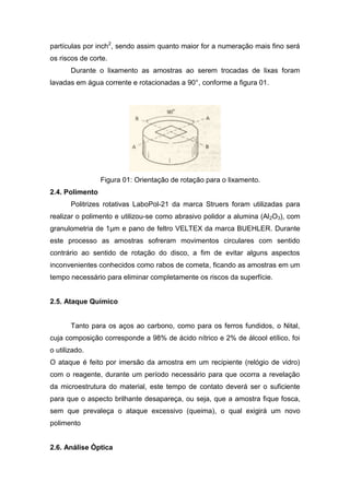 partículas por inch2, sendo assim quanto maior for a numeração mais fino será
os riscos de corte.
       Durante o lixamento as amostras ao serem trocadas de lixas foram
lavadas em água corrente e rotacionadas a 90°, conforme a figura 01.




                 Figura 01: Orientação de rotação para o lixamento.
2.4. Polimento
       Politrizes rotativas LaboPol-21 da marca Struers foram utilizadas para
realizar o polimento e utilizou-se como abrasivo polidor a alumina (Al2O3), com
granulometria de 1µm e pano de feltro VELTEX da marca BUEHLER. Durante
este processo as amostras sofreram movimentos circulares com sentido
contrário ao sentido de rotação do disco, a fim de evitar alguns aspectos
inconvenientes conhecidos como rabos de cometa, ficando as amostras em um
tempo necessário para eliminar completamente os riscos da superfície.


2.5. Ataque Químico


       Tanto para os aços ao carbono, como para os ferros fundidos, o Nital,
cuja composição corresponde a 98% de ácido nítrico e 2% de álcool etílico, foi
o utilizado.
O ataque é feito por imersão da amostra em um recipiente (relógio de vidro)
com o reagente, durante um período necessário para que ocorra a revelação
da microestrutura do material, este tempo de contato deverá ser o suficiente
para que o aspecto brilhante desapareça, ou seja, que a amostra fique fosca,
sem que prevaleça o ataque excessivo (queima), o qual exigirá um novo
polimento


2.6. Análise Óptica
 