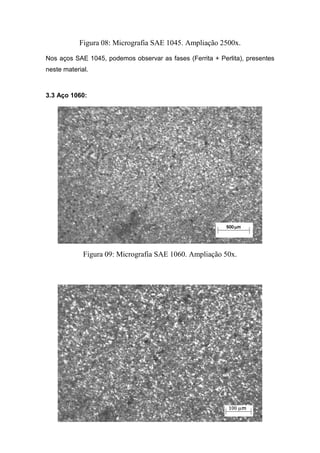 Figura 08: Micrografia SAE 1045. Ampliação 2500x.

Nos aços SAE 1045, podemos observar as fases (Ferrita + Perlita), presentes
neste material.



3.3 Aço 1060:




             Figura 09: Micrografia SAE 1060. Ampliação 50x.
 