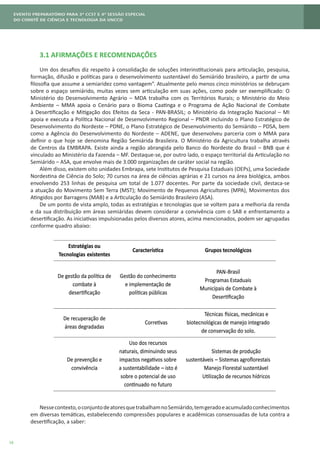 16
3.1 AFIRMAÇÕES E RECOMENDAÇÕES
Um dos desafios diz respeito à consolidação de soluções interinstitucionais para articulação, pesquisa,
formação, difusão e políticas para o desenvolvimento sustentável do Semiárido brasileiro, a partir de uma
filosofia que assume a semiaridez como vantagem”. Atualmente pelo menos cinco ministérios se debruçam
sobre o espaço semiárido, muitas vezes sem articulação em suas ações, como pode ser exemplificado: O
Ministério do Desenvolvimento Agrário – MDA trabalha com os Territórios Rurais; o Ministério do Meio
Ambiente – MMA apoia o Cenário para o Bioma Caatinga e o Programa de Ação Nacional de Combate
à Desertificação e Mitigação dos Efeitos da Seca - PAN-BRASIL; o Ministério da Integração Nacional – MI
apoia e executa a Política Nacional de Desenvolvimento Regional – PNDR incluindo o Plano Estratégico de
Desenvolvimento do Nordeste – PDNE, o Plano Estratégico de Desenvolvimento do Semiárido – PDSA, bem
como a Agência do Desenvolvimento do Nordeste – ADENE, que desenvolveu parceria com o MMA para
definir o que hoje se denomina Região Semiárida Brasileira. O Ministério da Agricultura trabalha através
de Centros da EMBRAPA. Existe ainda a região abrangida pelo Banco do Nordeste do Brasil – BNB que é
vinculado ao Ministério da Fazenda – MF. Destaque-se, por outro lado, o espaço territorial da Articulação no
Semiárido – ASA, que envolve mais de 3.000 organizações de caráter social na região.
Além disso, existem oito unidades Embrapa, sete Institutos de Pesquisa Estaduais (OEPs), uma Sociedade
Nordestina de Ciência do Solo; 70 cursos na área de ciências agrárias e 21 cursos na área biológica, ambos
envolvendo 253 linhas de pesquisa um total de 1.077 docentes. Por parte da sociedade civil, destaca-se
a atuação do Movimento Sem Terra (MST); Movimento de Pequenos Agricultores (MPA), Movimentos dos
Atingidos por Barragens (MAB) e a Articulação do Semiárido Brasileiro (ASA).
De um ponto de vista amplo, todas as estratégias e tecnologias que se voltem para a melhoria da renda
e da sua distribuição em áreas semiáridas devem considerar a convivência com o SAB e enfrentamento a
desertificação. As iniciativas impulsionadas pelos diversos atores, acima mencionados, podem ser agrupadas
conforme quadro abaixo:
Nessecontexto,oconjuntodeatoresquetrabalhamnoSemiárido,temgeradoeacumuladoconhecimentos
em diversas temáticas, estabelecendo compressões populares e acadêmicas consensuadas de luta contra a
desertificação, a saber:
 