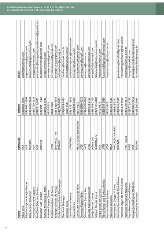 32
NomeInstituiçãoTelefoneEmail
AdãoSilvaINSA(83)8804-7076adaofss@hotmail.com
AlbertoJorgedeAraújoDantasINSA(83)9972-5104jorgeconsimob@gmail.com
AlexCarlosS.PimentelPROCASE(83)8658-2847alexpimentel@agronomo.eng.br
AnaPaulaFerreiraAgapitoINSA(83)8759-5329anaagapto@hotmail.com
AnaPaulaSilvadosSantosINSA(83)3315-6431ana.santos@insa.gov.brppaulassana@gmail.com
AnselmoGdeCastilhoFUNETEC(83)9981-2066anselmocastilho@funetec.com
AntônioMendonçaC.Neto(83)9932-5925netobn@hotmail.com
AzenateCamposGomes9636-8531azenatecampos@gmail.com
BartolomeuIsraeldeSouzaUFPB8884-9601bartolomeuisrael@gmail.com
BerangerArnaldodeAraújoSEIRHMACT-PB(83)3218-4367beranger.araujo@gmail.com
CarlosJulianoBrantAlbuquerqueEPAMIG(34)9147-3011carlosjuliano@epamig.br
ClaudiaA.Nobrega(83)9983-7483claudiacn@hotmail.com.br
CristianoPaiva8829-6511critzp2001@yahoo.com.br
DanielDuartePereiraUFPB/INSA(83)3331-9181danielduartepereira@hotmail.com
DanielaCosta(83)8898-9469dani-agro@yahoo.com.br
DavidMarxAntunesdeMeloMECA-CCHSABananeiras9151-6116davidantunes@hotmail.com
DomingoCassainSalesUFCE(85)8876-9029domingosales@gmail.com
EdmersondosSantosReisUNEB(74)8808-8863edmerson@oi.com.br
EdneidaRabeloCavalcanteUFCG(81)9543-6162edneiderabelo@gmail.com
EdrigoDantasDantasDefesaCivil(83)8703-0766edrigo0102@hotmail.com
FabianoDiasdeSouzaLABOREMUS(83)9133-6100fabiano.dias@laboremus.com.br
FelipeBatistadeOliveiraINSA9945-0879felipebatista@gmail.com
FlávioRandeldosSantosAlmeidaUFPB(83)3339-9939flaviorandelagricola@hotmail.com
FranciscaMariaBarbosaUFCG9932-5542fmariabarbosa@yahoo.com.br
FranciscoCampelloMMA(61)9249-5544
FranciscodasChagasV.SalesFUNDAÇÃOARARIPE(83)8833-5271
FranciscoGeovâniodaSilvaSabinoSUDEMA(83)9926-6538geovanioengflorestal@gmail.com
FranciscoMigueldeMeloOliveira(83)3339-6060franciscomigueloliveira@bol.com.br
FranciscoRoselândioNogueiraIFPB-Souza(83)8199-4616chiconogueira@uol.com.br
FransGermainCorneelPareynAPNE(81)3271-4256franspar@rockthail.com
GeovergueRodriguesMedeirosINSA(83)8893-9053geovergue.medeiros@insa.gov.br
IsisGuimãresMoreiraSUDENE(81)8190-5085isis.moreira@sudene.gov.br
 