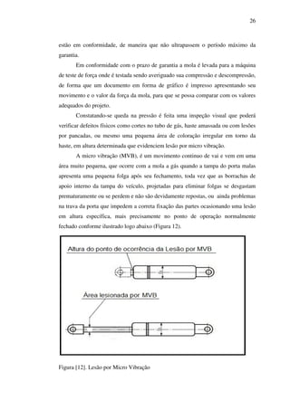 26

estão em conformidade, de maneira que não ultrapassem o período máximo da
garantia.
Em conformidade com o prazo de garantia a mola é levada para a máquina
de teste de força onde é testada sendo averiguado sua compressão e descompressão,
de forma que um documento em forma de gráfico é impresso apresentando seu
movimento e o valor da força da mola, para que se possa comparar com os valores
adequados do projeto.
Constatando-se queda na pressão é feita uma inspeção visual que poderá
verificar defeitos físicos como cortes no tubo de gás, haste amassada ou com lesões
por pancadas, ou mesmo uma pequena área de coloração irregular em torno da
haste, em altura determinada que evidenciem lesão por micro vibração.
A micro vibração (MVB), é um movimento continuo de vai e vem em uma
área muito pequena, que ocorre com a mola a gás quando a tampa do porta malas
apresenta uma pequena folga após seu fechamento, toda vez que as borrachas de
apoio interno da tampa do veículo, projetadas para eliminar folgas se desgastam
prematuramente ou se perdem e não são devidamente repostas, ou ainda problemas
na trava da porta que impedem a correta fixação das partes ocasionando uma lesão
em altura específica, mais precisamente no ponto de operação normalmente
fechado conforme ilustrado logo abaixo (Figura 12).

Figura [12]. Lesão por Micro Vibração

 