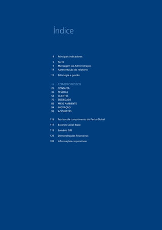 Índice

  4   Principais indicadores

  5   Perfil
  9   Mensagem da Administração
 11   Apresentação do relatório

 15   Estratégia e gestão


 19   CoMProMissos
 25   CoNDUTA
 36   PEssoAs
 58   CLiENTEs
 70   soCiEDADE
 82   MEio AMBiENTE
 94   iNoVAÇÃo
 99   ACioNisTAs


116   Práticas de cumprimento do Pacto Global

117   Balanço social ibase

119   sumário Gri

126   Demonstrações financeiras

183   informações corporativas
 