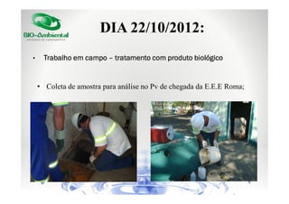 DIA 22/10/2012:
•

Trabalho em campo – tratamento com produto biológico

• Coleta de amostra para análise no Pv de chegada da E.E.E Roma;

 