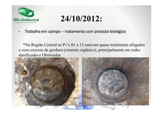 24/10/2012:
•

Trabalho em campo – tratamento com produto biológico

*Na Região Central os Pv’s 01 a 15 estavam quase totalmente afogados
e com excesso de gordura (cimento orgânico), principalmente em redes
danificadas e Obstruídas.

 