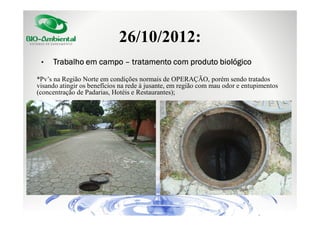 26/10/2012:
•

Trabalho em campo – tratamento com produto biológico

*Pv’s na Região Norte em condições normais de OPERAÇÃO, porém sendo tratados
visando atingir os benefícios na rede à jusante, em região com mau odor e entupimentos
(concentração de Padarias, Hotéis e Restaurantes);

 