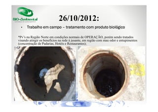 26/10/2012:
•

Trabalho em campo – tratamento com produto biológico

*Pv’s na Região Norte em condições normais de OPERAÇÃO, porém sendo tratados
visando atingir os benefícios na rede à jusante, em região com mau odor e entupimentos
(concentração de Padarias, Hotéis e Restaurantes);

 