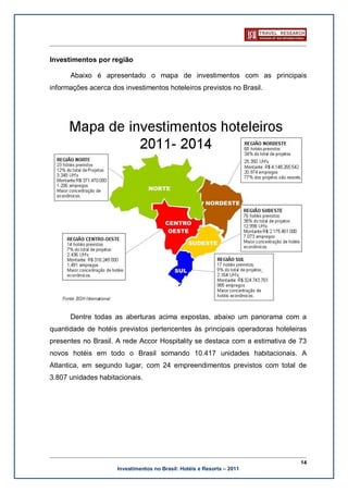 Investimentos por região

      Abaixo é apresentado o mapa de investimentos com as principais
informações acerca dos investimentos hoteleiros previstos no Brasil.




      Dentre todas as aberturas acima expostas, abaixo um panorama com a
quantidade de hotéis previstos pertencentes às principais operadoras hoteleiras
presentes no Brasil. A rede Accor Hospitality se destaca com a estimativa de 73
novos hotéis em todo o Brasil somando 10.417 unidades habitacionais. A
Atlantica, em segundo lugar, com 24 empreendimentos previstos com total de
3.807 unidades habitacionais.




                                                                             14
                     Investimentos no Brasil: Hotéis e Resorts – 2011
 