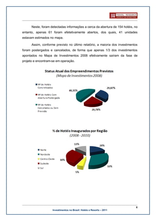Neste, foram detectadas informações a cerca da abertura de 154 hotéis, no
entanto, apenas 61 foram efetetivamente abertos, dos quais, 41 unidades
estavam estimados no mapa.

      Assim, conforme previsto no último relatório, a maioria dos investimentos
foram postergados e cancelados, de forma que apenas 1/3 dos investimentos
apontados no Mapa de Investimentos 2008 efetivamente saíram da fase de
projeto e encontram-se em operação.




                                                                              8
                    Investimentos no Brasil: Hotéis e Resorts – 2011
 