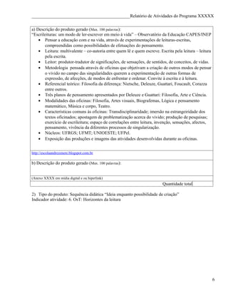 ____________________________________________Relatório de Atividades do Programa XXXXX


a) Descrição do produto gerado (Max. 100 palavras):
“Escrileituras: um modo de ler-escrever em meio à vida” – Observatório da Educação CAPES/INEP
    • Pensar a educação com e na vida, através de experimentações de leituras-escritas,
        compreendidas como possibilidades de efetuações do pensamento.
    • Leitura: multivalente – co-autoria entre quem lê e quem escreve. Escrita pela leitura – leitura
        pela escrita.
    • Leitor: produtor-tradutor de significações, de sensações, de sentidos, de conceitos, de vidas.
    • Metodologia pensada através de oficinas que objetivam a criação de outros modos de pensar
        o vivido no campo das singularidades querem a experimentação de outras formas de
        expressão, de afecções, de modos de enfrentar e ordenar. Convite à escrita e à leitura.
    • Referencial teórico: Filosofia da diferença: Nietsche, Deleuze, Guattari, Foucault, Corazza
        entre outros.
    • Três planos de pensamento apresentados por Deleuze e Guattari: Filosofia, Arte e Ciência.
    • Modalidades das oficinas: Filosofia, Artes visuais, Biografemas, Lógica e pensamento
        matemático, Música e corpo, Teatro.
    • Características comuns às oficinas: Transdisciplinaridade; imersão na estrangeiridade dos
        textos oficinados; apostagem de problematização acerca do vivido; produção de pesquisas;
        exercício de escrileitura; espaço de correlações entre leitura, invenção, sensações, afectos,
        pensamento, vivência da diferentes processos de singularização.
    • Núcleos: UFRGS; UFMT; UNIOESTE; UFPel.
    • Exposição das produções e imagens das atividades desenvolvidas durante as oficinas.


http://escolaandrezenere.blogspot.com.br

b) Descrição do produto gerado (Max. 100 palavras):


(Anexo XXXX em mídia digital e ou hiperlink)
                                                                         Quantidade total

2) Tipo do produto: Sequência didática “Ideia enquanto possibilidade de criação”
Indicador atividade: 6. OsT: Horizontes da leitura




                                                                                                        6
 