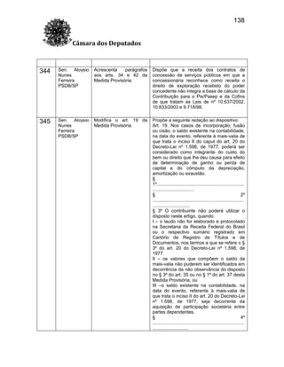 138
Câmara dos Deputados

344

Sen. Aloysio
Nunes
Ferreira
PSDB/SP

Acrescenta
parágrafos
aos arts. 34 e 42 da
Medida Provisória.

Dispõe que a receita dos contratos de
concessão de serviços públicos em que a
concessionária reconhece como receita o
direito de exploração recebido do poder
concedente não integra a base de cálculo da
Contribuição para o Pis/Pasep e da Cofins
de que tratam as Leis de nº 10.637/2002,
10.833/2003 e 9.718/98.

345

Sen. Aloysio
Nunes
Ferreira
PSDB/SP

Modifica o art. 19 da
Medida Provisória.

Propõe a seguinte redação ao dispositivo:
Art. 19. Nos casos de incorporação, fusão
ou cisão, o saldo existente na contabilidade,
na data do evento, referente à mais-valia de
que trata o inciso II do caput do art. 20 do
Decreto-Lei nº 1.598, de 1977, poderá ser
considerado como integrante do custo do
bem ou direito que lhe deu causa para efeito
de determinação de ganho ou perda de
capital e do cômputo da depreciação,
amortização ou exaustão.
§
1º....................................................................
................................
§
2º
.......................................................................
.............................
§ 3º O contribuinte não poderá utilizar o
disposto neste artigo, quando:
I – o laudo não for elaborado e protocolado
na Secretaria da Receita Federal do Brasil
ou o respectivo sumário registrado em
Cartório de Registro de Títulos e de
Documentos, nos termos a que se refere o §
3º do art. 20 do Decreto-Lei nº 1.598, de
1977.
II – os valores que compõem o saldo da
mais-valia não puderem ser identificados em
decorrência da não observância do disposto
no § 3º do art. 35 ou no § 1º do art. 37 desta
Medida Provisória; ou
III –o saldo existente na contabilidade, na
data do evento, referente à mais-valia de
que trata o inciso II do art. 20 do Decreto-Lei
nº 1.598, de 1977, seja decorrente da
aquisição de participação societária entre
partes dependentes.
§
4º
.......................................................................
............................

 