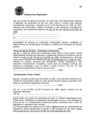 38
Câmara dos Deputados
“Art. 15. A base de cálculo do imposto, em cada mês, será determinada mediante
a aplicação do percentual de oito por cento sobre a receita bruta auferida
mensalmente, observado o disposto no art. 12 do Decreto-Lei nº 1.598, de 1977,
deduzida das devoluções, vendas canceladas e dos descontos incondicionais
concedidos, sem prejuízo do disposto nos arts. 30, 32, 34 e 35 da Lei nº 8.981, de
1995.
§ 1º .................................................................................
...............................................................................................
III - .................................................................................
................................................................................................
e) prestação de serviços de construção, recuperação, reforma, ampliação ou
melhoramento de infraestrutura vinculados a contrato de concessão de serviço
público.
.....................................................................................” (NR)
“Base de cálculo da CSLL - Estimativa e Presumido
Art. 20. A base de cálculo da contribuição social sobre o lucro líquido, devida
pelas pessoas jurídicas que efetuarem o pagamento mensal ou trimestral a que se
referem os arts. 2º, 25 e 27 da Lei nº 9.430, de 1996, corresponderá a doze por
cento sobre a receita bruta definida pelo art. 12 do Decreto-Lei nº 1.598, de 1977,
auferida no período, deduzida das devoluções, vendas canceladas e dos
descontos incondicionais concedidos, exceto para as pessoas jurídicas que
exerçam as atividades a que se refere o inciso III do § 1º do art. 15, cujo
percentual corresponderá a trinta e dois por cento.
......................................................................................” (NR)
“Incorporação, Fusão e Cisão”
Art. 21. A pessoa jurídica que tiver parte ou todo o seu patrimônio absorvido em
virtude de incorporação, fusão ou cisão deverá levantar balanço específico para
esse fim, observada a legislação comercial.
.....................................................................................” (NR)
Art. 9º A Lei nº 8.981, de 20 de janeiro de 1995, passa a vigorar com as
seguintes alterações:
“Art. 32. ........................................................................
...............................................................................................
§ 2º O ganho de capital nas alienações de bens ou direitos classificados como
investimento, imobilizado ou intangível e de aplicações em ouro, não tributadas na
forma do art. 72, corresponderá à diferença positiva verificada entre o valor da
alienação e o respectivo valor contábil.
§ 3º Na apuração dos valores de que trata o caput deverão ser considerados os
respectivos valores decorrentes do ajuste a valor presente de que trata o inciso
VIII do caput do art. 183 da Lei nº 6.404, de 15 de dezembro de 1976.

 