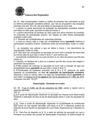 51
Câmara dos Deputados
Art. 37. Nas incorporações, fusões ou cisões de empresa não controlada na qual
se detinha participação societária anterior, que não se enquadrem nas situações
previstas nos arts. 35 e 36, não terá efeito na apuração do lucro real:
I - o ganho ou perda decorrente de avaliação da participação societária anterior
com base no valor justo, apurado na data do evento; e
II - o ganho decorrente do excesso do valor justo dos ativos líquidos da investida,
na proporção da participação anterior, em relação ao valor dessa participação
avaliada a valor justo.
§ 1º Deverão ser contabilizadas em subcontas distintas:
I - a mais ou menos valia e o ágio por rentabilidade futura (goodwill) relativos à
participação societária anterior, existentes antes da incorporação, fusão ou cisão;
e
II - as variações nos valores a que se refere o inciso I, em decorrência da
incorporação, fusão ou cisão.
§ 2º Não deve ser computada na apuração do lucro real a variação da mais-valia
ou menos-valia de que trata o inciso II do § 1º, que venha a ser:
I - considerada contabilmente no custo do ativo ou no valor do passivo que lhe deu
causa; ou
II - baixada, na hipótese de o ativo ou o passivo que lhe deu causa não integrar o
patrimônio da sucessora.
§ 3º Não poderá ser excluída na apuração do lucro real a variação do ágio por
rentabilidade futura (goodwill) de que trata o inciso II do § 1º.
§ 4º Excetuadas as hipóteses previstas nos § 2º e § 3º, aplica-se ao saldo
existente na contabilidade, na data da aquisição da participação societária,
referente a mais ou menos valia e ao ágio por rentabilidade futura (goodwill) de
que tratam os incisos II e III do caput do art. 20 do Decreto-Lei nº 1.598, de 1977,
o disposto nos arts. 19 a 21.
Depreciação - Exclusão no e-Lalur
Art. 38. A Lei nº 4.506, de 30 de novembro de 1964, passa a vigorar com a
seguinte alteração:
“Art. 57. ......................................................................
§ 1º A quota de depreciação dedutível na apuração do imposto será determinada
mediante a aplicação da taxa anual de depreciação sobre o custo de aquisição do
ativo.
...............................................................................................
§ 15. Caso a quota de depreciação registrada na contabilidade do contribuinte
seja menor do que aquela calculada com base no § 3º, a diferença poderá ser
excluída do lucro líquido na apuração do Lucro Real, observando-se o disposto no
§ 6º.
§ 16. Para fins do disposto no § 15, a partir do período de apuração em que o
montante acumulado das quotas de depreciação computado na determinação do

 