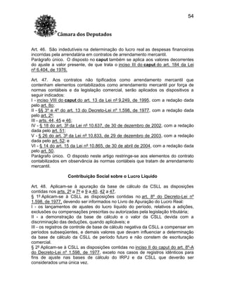 54
Câmara dos Deputados
Art. 46. São indedutíveis na determinação do lucro real as despesas financeiras
incorridas pela arrendatária em contratos de arrendamento mercantil.
Parágrafo único. O disposto no caput também se aplica aos valores decorrentes
do ajuste a valor presente, de que trata o inciso III do caput do art. 184 da Lei
nº 6.404, de 1976.
Art. 47. Aos contratos não tipificados como arrendamento mercantil que
contenham elementos contabilizados como arrendamento mercantil por força de
normas contábeis e da legislação comercial, serão aplicados os dispositivos a
seguir indicados:
I - inciso VIII do caput do art. 13 da Lei nº 9.249, de 1995, com a redação dada
pelo art. 8o;
II - §§ 3º e 4º do art. 13 do Decreto-Lei nº 1.598, de 1977, com a redação dada
pelo art. 2º;
III - arts. 44, 45 e 46;
IV - § 18 do art. 3º da Lei nº 10.637, de 30 de dezembro de 2002, com a redação
dada pelo art. 51;
V - § 26 do art. 3º da Lei nº 10.833, de 29 de dezembro de 2003, com a redação
dada pelo art. 52; e
VI - § 14 do art. 15 da Lei nº 10.865, de 30 de abril de 2004, com a redação dada
pelo art. 50.
Parágrafo único. O disposto neste artigo restringe-se aos elementos do contrato
contabilizados em observância às normas contábeis que tratam de arrendamento
mercantil.
Contribuição Social sobre o Lucro Líquido
Art. 48. Aplicam-se à apuração da base de cálculo da CSLL as disposições
contidas nos arts. 2º a 7º e 9 a 40, 42 a 47.
§ 1º Aplicam-se à CSLL as disposições contidas no art. 8º do Decreto-Lei nº
1.598, de 1977, devendo ser informados no Livro de Apuração do Lucro Real:
I - os lançamentos de ajustes do lucro líquido do período, relativos a adições,
exclusões ou compensações prescritas ou autorizadas pela legislação tributária;
II - a demonstração da base de cálculo e o valor da CSLL devida com a
discriminação das deduções, quando aplicáveis; e
III - os registros de controle de base de cálculo negativa da CSLL a compensar em
períodos subseqüentes, e demais valores que devam influenciar a determinação
da base de cálculo da CSLL de período futuro e não constem de escrituração
comercial.
§ 2º Aplicam-se à CSLL as disposições contidas no inciso II do caput do art. 8º-A
do Decreto-Lei nº 1.598, de 1977, exceto nos casos de registros idênticos para
fins de ajuste nas bases de cálculo do IRPJ e da CSLL que deverão ser
considerados uma única vez.

 