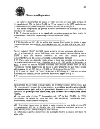 56
Câmara dos Deputados
I - os valores decorrentes do ajuste a valor presente de que trata o inciso III
do caput do art. 184 da Lei nº 6.404, de 15 de dezembro de 1976, poderão ser
considerados como parte integrante do custo ou valor de aquisição; e
II - não serão computados os ganhos e perdas decorrentes de avaliação de ativo
com base no valor justo.
§ 14. O disposto no inciso V do caput não se aplica no caso de bem objeto de
arrendamento mercantil, na pessoa jurídica arrendatária.” (NR)
“Art. 27. .......................................................................
..............................................................................................
§ 3º O disposto no § 2º não se aplica aos valores decorrentes do ajuste a valor
presente de que trata o inciso VIII caput do art. 183 da Lei nº 6.404, de 1976.”
(NR)
Art. 51. A Lei nº 10.637, de 2002, passa a vigorar com as seguintes alterações:
“Art. 1º A Contribuição para o PIS/Pasep, com a incidência não cumulativa, incide
sobre o total das receitas auferidas no mês pela pessoa jurídica,
independentemente de sua denominação ou classificação contábil.
§ 1º Para efeito do disposto neste artigo, o total das receitas compreende a
receita bruta de que trata o art. 12 do Decreto-Lei nº 1.598, de 26 de dezembro de
1977, e todas as demais receitas auferidas pela pessoa jurídica com os seus
respectivos valores decorrentes do ajuste a valor presente de que trata o inciso
VIII do caput do art. 183 da Lei nº 6.404, de 15 de dezembro de 1976.
§ 2º A base de cálculo da Contribuição para o PIS/Pasep é o total das receitas
auferidas pela pessoa jurídica, conforme definido no caput e no § 1º.
§ 3º ........................................................................................................................
..................................................................................................................................
V - ..............................................................................................................................
.......................................................................................................................
b) reversões de provisões e recuperações de créditos baixados como perda, que
não representem ingresso de novas receitas, o resultado positivo da avaliação
de investimentos pelo valor do patrimônio líquido e os lucros e dividendos
derivados de participações societárias, que tenham sido computados como
receita.
VI - de que trata o inciso IV do caput do art. 187 da Lei nº 6.404, de 1976,
decorrentes da venda de bens do ativo não circulante, classificado como
investimento, imobilizado ou intangível;
...............................................................................................
VIII - financeiras decorrentes do ajuste a valor presente de que trata o inciso VIII
do caput do art. 183 da Lei nº 6.404, de 1976, referentes a receitas excluídas da
base de cálculo da Contribuição para o PIS/Pasep;
IX - relativas aos ganhos decorrentes de avaliação de ativo e passivo com base no
valor justo;

 