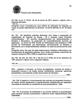 80
Câmara dos Deputados

Art 100. A Lei nº 12.431, de 24 de junho de 2011, passa a vigorar com a
seguinte alteração:
“Art 43...............................................................................................................
Parágrafo único. Considera-se, para efeitos de aplicação do disposto no
caput, as partes dependentes do devedor, na forma definida no art. 24 desta
Lei.”
............................................................................................................................
Art. 101 - Os depósitos judiciais efetuados com vistas a suspenção da
exigibilidade de Imposto de Renda - IR e Imposto sobre Produtos
Industrializados - IPI, deverão obrigatoriamente ser disponibilizados a
Estados e Municípios, na proporção do compartilhamento previsto na
legislação, na forma do FPE (Fundo de Participação dos Estados) e FPM
(Fundo de Participação dos Municípios), permanecendo os Estados e
Municípios com a responsabilidade solidária, na razão do percentual de cada
um.
Parágrafo único. No caso de saldo desfavorável a Estados e Municípios, por
levantamento de depósitos judiciais, fica a União autorizada a descontar do
repasse mensal do FPE e FPM os respectivos valores.
Art. 102 Os arts. 24, 129, 141 e 143 da Lei nº 9.503, de 23 de setembro de
1997, passam a vigorar com a seguinte redação:
“Art. 24. ................................................................................................
....................................................................................................................................
XVII – registrar e licenciar, na forma da legislação, veículos de tração e
propulsão humana e de tração animal, fiscalizando, autuando, aplicando
penalidades e arrecadando multas decorrentes de infrações;
.......................................................................................................................” (NR)
.........................................................................................................................
“Art. 129. O registro e o licenciamento dos veículos de propulsão humana e
de tração animal obedecerão à regulamentação estabelecida em legislação
municipal do domicílio ou residência de seus proprietários.” (NR)
...................................................................................................................................
“Art. 141. O processo de habilitação e as normas relativas à aprendizagem
para conduzir veículos automotores e elétricos serão regulamentados pelo
CONTRAN.
………........………........................………........................................................” (NR)

 