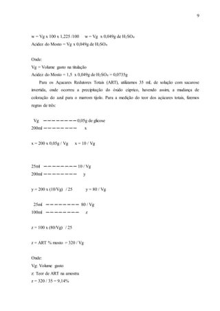 9
w = Vg x 100 x 1,225 /100 w = Vg x 0,049g de H2SO4
Acidez do Mosto = Vg x 0,049g de H2SO4
Onde:
Vg = Volume gasto na titulação
Acidez do Mosto = 1,5 x 0,049g de H2SO4 = 0,0735g
Para os Açucares Redutores Totais (ART), utilizamos 35 mL de solução com sacarose
invertida, onde ocorreu a precipitação do óxido cúprico, havendo assim, a mudança de
coloração do azul para o marrom tijolo. Para a medição do teor dos açúcares totais, fizemos
regras de três:
Vg ─ ─ ─ ─ ─ ─ ─ ─ 0,05g de glicose
200ml ─ ─ ─ ─ ─ ─ ─ ─ x
x = 200 x 0,05g / Vg x = 10 / Vg
25ml ─ ─ ─ ─ ─ ─ ─ ─ 10 / Vg
200ml ─ ─ ─ ─ ─ ─ ─ ─ y
y = 200 x (10/Vg) / 25 y = 80 / Vg
25ml ─ ─ ─ ─ ─ ─ ─ ─ 80 / Vg
100ml ─ ─ ─ ─ ─ ─ ─ ─ z
z = 100 x (80/Vg) / 25
z = ART % mosto = 320 / Vg
Onde:
Vg: Volume gasto
z: Teor de ART na amostra
z = 320 / 35 = 9,14%
 