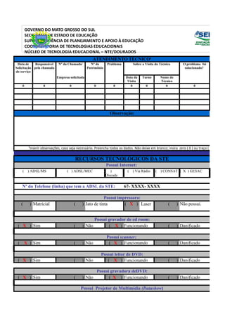 GOVERNO DO MATO GROSSO DO SUL
         SECRETARIA DE ESTADO DE EDUCAÇÃO
         SUPERINTENDÊNCIA DE PLANEJAMENTO E APOIO À EDUCAÇÃO
         COORDENADORIA DE TECNOLOGIAS EDUCACIONAIS
         NÚCLEO DE TECNOLOGIA EDUCACIONAL – NTE/DOURADOS
                                                    ATENDIMENTO TÉCNICO¹
 Data de     Responsável     Nº da Chamada/        Nº do       Problema       Sobre a Visita do Técnico        O problema foi
Solicitação pela chamada                         Patrimônio                                                     solucionado?
do serviço
                            Empresa solicitada                            Data da   Turno       Nome do
                                                                           Visita               Técnico
     0             0                 0               0            0          0         0           0                  0




                                                                Observação:




          ¹Inserir observações, caso seja necessário. Preencha todos os dados. Não deixe em branco; insira zero ( 0 ) ou traço ( __).

                                         RECURSOS TECNOLÓGICOS DA STE
                                                              Possui Internet:
     ( ) ADSL/MS                   ( ) ADSL/MEC               ( )          ( ) Via Rádio     ( ) CONSAT ( X ) GESAC
                                                              Discada


     Nº do Telefone (linha) que tem a ADSL da STE:                        67- XXXX- XXXX

                                                          Possui impressora:
     (     ) Matricial                   (   ) Jato de tinta        ( X ) Laser                      (     ) Não possui.


                                                   Possui gravador de cd room:
 ( X ) Sim                               (   ) Não         ( X ) Funcionando                         (     ) Danificado

                                                              Possui scanner:
 (       X ) Sim                         (   ) Não             ( X ) Funcionando                     (     ) Danificado

                                                         Possui leitor de DVD:
 ( X ) Sim                               (   ) Não          ( X ) Funcionando                        (     ) Danificado

                                                   Possui gravadora deDVD:
 ( X ) Sim                               (   ) Não       ( X ) Funcionando                           (     ) Danificado

                                             Possui Projetor de Multimídia (Datashow)
 