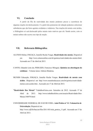 VI.

Conclusão

A partir da fila de reatividade dos metais podemos prever a ocorrência de
algumas reações de deslocamento. E a partir dos potenciais de redução podemos selecionar
substâncias que são bons agentes oxidantes e redutores. Nas reações de metais com ácidos,
o Hidrogênio só será deslocado pelos metais mais reativos que ele. Sendo assim, com os
metais nobres não ocorre esse tipo de reação.

VII.

Referencia Bibliográfica

ALUNOS Online; FOGAÇA, Jennifer Rocha Vargas. Reatividade dos metais. Disponível
em

http://www.alunosonline.com.br/quimica/reatividade-dos-metais.html.

Acessado em 17 de Abril de 2013.

CANTO, Eduardo Leite do; PERUZZO, Francisco Miragaia. Química na abordagem do
cotidiano – Volume único. Editora Moderna.

MUNDO Educação; FOGAÇA, Jennifer Rocha Vargas. Reatividade de metais com
ácidos. Disponível em http://www.mundoeducacao.com.br/quimica/reatividademetais-com-acidos.htm . Acessado em 17 de Abril de 2013.

"Reatividade Dos Metais" TrabalhosFeitos.com. Setembro de 2012. Acessado 17 de
Abril

de

2013.

http://www.trabalhosfeitos.com/ensaios/Reatividade-Dos-

Metais/346974.html

UNIVERDIDADE FEDEREAL DE JUIZ DE FORA. Aula Prática nº 11: Volumetria de
Oxirredução. Disponível em
http://www.ufjf.br/baccan/files/2011/05/Aula_pratica_11.pdf . Acessado em 17 de
Abril de 2013.

10
Santa Barbara D’Oeste
2013

 