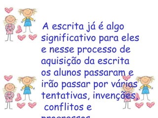 A escrita já é algo
significativo para eles
e nesse processo de
aquisição da escrita
os alunos passaram e
irão passar por várias
tentativas, invenções,
conflitos e
 