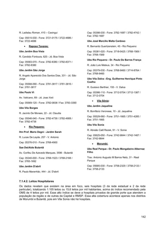 R. Ladislau Roman, 410 – Caxingui                       Cep: 05398-030 - Fone: 3782-1687 / 3782-4742 /
                                                        Fax: 3782-1687
Cep: 05515-030 - Fone: 3721-0175 / 3722-4686 /
Fax: 3722-4686                                          Ubs José Marcílio Malta Cardoso

         Raposo Tavares:                                R. Bernardo Guertzenstein, 45 - Rio Pequeno

Ubs Jardim Boa Vista                                    Cep: 05381-020 - Fone: 3718-0425 / 3768-1569 /
                                                        Fax: 3768-1569
R. Candido Fontoura, 620 - Jd. Boa Vista
                                                        Ubs Rio Pequeno - Dr. Paulo De Barros França
Cep: 05583-070 - Fone: 3782-8380 / 3782-8371 /
Fax: 3782-8380                                          R. João Luis Mateus, 34 - Rio Pequeno

Ubs Jardim São Jorge                                    Cep: 05379-030 - Fone: 3768-9460 / 3714-8764 /
                                                        Fax: 3768-9460
R. Angelo Aparecido Dos Santos Dias, 331 - Jd. São
Jorge                                                   Ubs Vila Dalva - Eng. Guilherme Henrique Pinto
                                                        Coelho
Cep: 05568-090 - Fone: 3781-3817 / 3781-3816 /
Fax: 3781-3817                                          R. Gustavo Berthier, 155 - V. Dalva

Ubs Paulo Vi                                            Cep: 05386-110 - Fone: 3712-0704 / 3712-1387 /
                                                        Fax: 3712-0704
Av. Vaticano, 69 - Jd. Joao Xxiii
                                                                Vila Sônia:
Cep: 05569-120 - Fone: 3782-0838 / Fax: 3783-3390
                                                        Ubs Jardim Jaqueline
Ubs Vila Borges
                                                        R. Bonifácio Veronese, 10 - Jd. Jaqueline
R. Jacinto De Moraes, 22 - Jd. Claudia
                                                        Cep: 05529-060 - Fone: 3751-1665 / 3751-4285 /
Cep: 05546-040 - Fone: 3782-4739 / 3782-4908 /
                                                        Fax: 3751-1665
Fax: 3782-4739
                                                        Ubs Vila Sonia
         Rio Pequeno:
                                                        R. Abraão Calil Rezek, 91 - V. Sonia
Hm Prof. Mario Degni - Jardim Sarah
                                                        Cep: 05625-050 - Fone: 3742-9844 / 3742-1487 /
R. Lucas De Leyde, 257 - V. Antonio
                                                        Fax: 3742-9844
Cep: 05376-010 - Fone: 3768-4900
                                                                Morumbi:
Sae Dst/Aids Butantã
                                                        Ubs Real Parque - Dr. Paulo Mangabeira Albernaz
Av. Corifeu De Azevedo Marques, 3596 - Butantã          Filho

Cep: 05340-000 - Fone: 3768-1523 / 3768-2168 /          Trav. Antonio Augusto M Barros Neto, 31 - Real
Fax: 3765-1692                                          Parque

Ubs Jardim D'abril                                      Cep: 05685-030 - Fone: 3758-2329 / 3758-2133 /
                                                        Fax: 3758-2133
R. Paulo Maranhão, 444 - Jd. D'abril


7.1.4.2. Leitos Hospitalares
Os dados revelam que existem na área em foco, seis hospitais (3 da rede estadual e 2 da rede
particular), totalizando 1.105 leitos ou 15,6 leitos por mil habitantes, acima do índice recomendado pela
OMS de 4 leitos por mil. Esse alto índice se deve a hospitais privados de grande porte que atendem a
população da região e de outras da Capital e RMSP. Essa alta cobertura acontece apenas nos distritos
de Morumbi e Butantã, pois em Vila Sonia não há hospitais.




                                                                                                         142
 