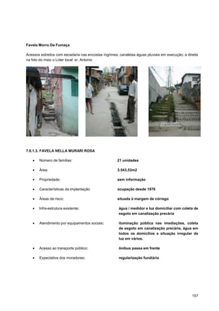 Favela Morro Da Fumaça

Acessos estreitos com escadaria nas encostas íngrimes; canaletas águas pluviais em execução; a direita
na foto do meio o Líder local: sr. Antonio




7.6.1.3. FAVELA NELLA MURARI ROSA

       Número de famílias:                            21 unidades

       Área:                                          3.543,53m2

       Propriedade:                                   sem informação

       Características da implantação                 ocupação desde 1976

       Áreas de risco:                                situada à margem de córrego

       Infra-estrutura existente:                      água / medidor e luz domiciliar com coleta de
                                                       esgoto em canalização precária

       Atendimento por equipamentos sociais:           iluminação pública nas imediações, coleta
                                                       de esgoto em canalização precária, água em
                                                       todos os domicílios e situação irregular de
                                                       luz em vários.

       Acesso ao transporte público:                   ônibus passa em frente

       Expectativa dos moradores:                      regularização fundiária




                                                                                                  157
 