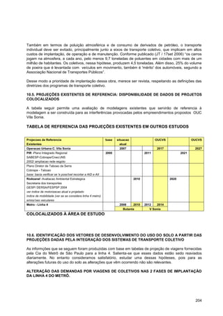 Também em termos de poluição atmosférica e de consumo de derivados de petróleo, o transporte
individual deve ser evitado, principalmente junto a eixos de transporte coletivo, que implicam em altos
custos de implantação, de operação e de manutenção. Conforme publicado (JT / 17set 2006) “os carros
jogam na atmosfera, a cada ano, pelo menos 9,7 toneladas de poluentes em cidades com mais de um
milhão de habitantes. Os coletivos, nessa hipótese, produzem 4,5 toneladas. Além disso, 25% do volume
de poeira que é levantada com veículos em movimento, também é 'mérito' dos automóveis, segundo a
Associação Nacional de Transportes Públicos”.

Desse modo a prioridade de implantação dessa obra, merece ser revista, respeitando as definições das
diretrizes dos programas de transporte coletivo.

10.5. PROJEÇÕES EXISTENTES DE REFERENCIA: DISPONIBILIDADE DE DADOS DE PROJETOS
COLOCALIZADOS

A tabela seguir permite uma avaliação de modelagens existentes que servirão de referencia à
modelagem a ser construída para as interferências provocadas pelos empreendimentos propostos OUC
Vila Sonia.

TABELA DE REFERENCIA DAS PROJEÇÕES EXISTENTES EM OUTROS ESTUDOS


Projecoes de Referencia                                      base   situacao                 OUCVS                 OUCVS
Existentes                                                            atual
Operacao Urbana C. Vila Sonia                                         2007                   2017                   2027
PIR -Plano Integrado Regional                                2000                     2011                  2021
SABESP-Cobrape/Cnec/JNS
2002/ ampliacao rede esgoto
Plano Diretor de Taboao da Serra
Cobrape - Taboao
base: bacia verificar se 'e poss'ivel recortar a AID e AII
Rodoanel -Avaliacao Ambiental Estrategica                                      2010                  2020
Secretaria dos transportes
GESP/ DERSA/FESPSP 2004
ver indice de motorizacao atual e projetado
indice de mobilidade (ver se se considera linha 4 metro)
emiss'oes veiculares
Metro - Linha 4                                                      2008     2010    2012   2014
                                                                       Butanta           V Sonia
COLOCALIZADOS À ÁREA DE ESTUDO




10.6. IDENTIFICAÇÃO DOS VETORES DE DESENVOLVIMENTO DO USO DO SOLO A PARTIR DAS
PROJEÇÕES DADAS PELA INTEGRAÇÃO DOS SISTEMAS DE TRANSPORTE COLETIVO

As informções que se seguem foram produzidas com base em tabelas de projeção de viagens fornecidas
pela Cia do Metrô de São Paulo para a linha 4. Salienta-se que esses dados estão sedo reaviados
diariamente. No entanto consideramos satisfatório, estudar uma dessas hipóteses, pois para as
alterações futuras do uso do solo as alterações que vêm ocorrendo não são relevantes.

ALTERAÇÃO DAS DEMANDAS POR VIAGENS DE COLETIVOS NAS 2 FASES DE IMPLANTAÇÃO
DA LINHA 4 DO METRÔ.




                                                                                                                     204
 