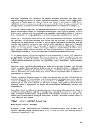 Isso deverá representar uma perspectiva de melhora urbanística significativa para essa região,
principalmente se acompanhado de projetos urbanísticos adequados. Cita-se a iniciativa da EMURB em
implementar a Reurbanização do Largo da Batata, cujo projeto foi contratado em 2003. Com a
implantação das demais estações na fase 2, haverá um aumento do número de viagens, crescente, até
a estação Paulista, que depois vai diminuindo em direção ao centro, se estabilizando na Estação Luz.

Procurou-se caracterizar esse vetor tendencial de desenvolvimento dado pelas transformações a serem
geradas pelo transporte coletivo. Se consideradas outras variáveis, que poderão ser alteradas em 20 ou
30 anos, como o adensamento das construções, da população, a valorização imobiliária, o incremento
do uso habitacional e de serviços, poderá haver um incremento de viagens pelo transporte coletivo.

Note-se que, o acréscimo de área construída em SP no centro expandido não tem sido acompanhado
por crescimento de população residente. Nos distritos onde se verificaram os maiores índices de
               2
variação de m de área construída, ocorreram as maiores quedas de população. Isso pode ser explicado
pelo alto custo exigido de manutenção para morar no centro expandido da cidade de SP (impostos,
aluguéis, condomínio, mão de obra, serviços, etc). A falta de financiamento habitacional para imóveis
usados, por um longo tempo, contribuiu também para dificultar a comercialização de imóveis dessa
região, situação que vem mudando nos últimos dez anos uma decorrência do aumento dos recursos da
caderneta de poupança e do FGTS – principais fontes de financiamento de habitação popular.

Um dos resultados desse processo de esvaziamento do centro expandido foi criar um perfil populacional
com participação crescente de idosos em detrimento da mais jovem, exigindo um redesenho, por parte
do poder púbico, da oferta de serviços sociais principalmente na área educacional, diante de uma
situação bastante contraditória: ociosidade nos equipamentos sitos na área central e carência de oferta
na periferia.

Atualmente, com a conscientização paulatina dos órgãos governamentais do Estado e do Município
sobre a necessidade de articular política de transportes com uso do solo, verifica-se mudanças ainda
imidas na política habitacional, que anteriormente privilegiou a implantação de conjuntos habitacionais
em locais distantes da área central, onde o preço da terra era mais baixo devido a falta de infra-estrutura
urbana e oferta de transporte.

Portanto, o projeto da Operação Urbana em análise deverá cuidar para que esse fenômeno não seja
acentuado, depois do rio. Apesar de haver essa tendência, conforme análise por exemplo da expansão
projetada pelo PIR (*) , referencia do plano de expansão da rede da SABESP, e de muitas das variáveis
responsáveis por esse quadro estarem fora da alçada municipal, mais ligadas ao desenvolvimento
econômico regional, a legislação de uso do solo ora proposta deverá ser usada para reduzir a força
dessa tendência.

A idéia é incentivar a formação de centralidades e também melhor estruturação das existentes depois do
rio Pinheiros, estimulando-se a produção de habitação para a camada de menor renda e para a classe
média, favorecendo o fortalecimento e surgimento de novas atividades comerciais e de serviços, que
poderão gerar oportunidades de emprego e renda - forma de aliviar o movimento diário em direção ao
Centro e às zonas Sul – Sudeste.

TABELA 1 - LINHA 4 - AMARELA : Butantã - Luz

Estimativa de Demanda - Ano 2010

A TABELA 1 – Fase 1, na página seguinte, considera a implantação parcial da linha 4 do metrô, isto „e,
somente a Estação Butantã executada depois do rio Pinheiros, em 2010, bem como as demais 5
estações de integração ida linha 4.




                                                                                                       206
 