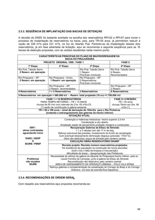 2.5.3. SEQÜÊNCIA DE IMPLANTAÇÃO DAS BACIAS DE DETENÇÃO

A decisão do DAEE foi bastante acertada na escolha dos reservatórios RPI-02 e RPI-07 para iniciar o
processo de implantação de reservatórios na bacia, pois, para TR=25 anos, já permitiriam reduzir a
vazão de 338 m³/s para 231 m³/s, na foz do ribeirão Poá. Partindo-se da implantação desses dois
reservatórios, já em fase adiantada de licitação, aqui se recomenda a seguinte seqüência para as 16
bacias de detenção propostas, com as vazões resultantes neste mesmo ponto:

                    CARACTERÍSTICAS PRINCIPAIS DO PLANO DE MACRODRENAGEM DA
                                      BACIA DO PIRAJUSSARA
                       PROJETO ORIGINAL 1998 : FASE 1                       FASE 2
         1ª Etapa                     2ª Etapa                      3ª Etapa                      4ª Etapa
Rio Poá: Taboão Serra                                     Rio Poá: Taboão Serra         Rio Poá: Taboão Serra
 2 Reserv. em operação                                    1 Reserv                      4 Reserv.
                                                          Proj Exec concluído           Recomendados
Rio Pirajuçara – SP          Rio Pirajuçara – Embu        Rio Pirajuçara – SP
 2 Reserv. em operação        1 Reserv. em operação       2 Reservatórios
                                                          Proj Exec concluído
                             Rio Pirajuçara – SP                                        Rio Pirajuçara – SP
                             2 Reserv. recomendados                                     2 Reserv.
4 Reservatórios              1 + 2 Reservatórios          3 Reservatórios               6 Reservatórios
5 Reservatórios em operação = 580.000 m3 - Reserv. total projetada (16 un) =1.700.000 m3
                            FASE 1 = 10 RESERVATÓRIOS                                    FASE 2= 6 RESERV.
                     PARA TEMPO RETORNO – TR = 10 ANOS                                      TR = 25 anos
                  chuvas de 65 mm num intervalo de 2 hs 83 m3/s (*)                    chuvas 76mm em 2hs 84
                      (*) vazão de contribuição à galeria existente                            m3/s (*)
                    TR = 50 a 100 anos – túnel de derivação de 165m3/s para o Rio Pinheiros
                            (evitando o estrangulamento das galerias do trecho inferior)
                                                 SITUAÇÃO ATUAL
                                          Contenção e melhorias hidráulicas trecho superior 2,5 km
                                                            Canalização a céu aberto
                                       Ampliação seção de escoamento proteção margens e contenções
         2007 :                                 Recuperação Galerias da Eliseu de Almeida
   obras contratadas                                  = 1 a 3 células com até 17 m de larg.
   aguardando início                 Reforço estrutural das paredes; revestimento do fundo da canalização
                                                                                                      3
                                      Com eventual rebaixamento eliminação degraus (previsão: 170m /s)
     DAEE / GESP                          Obra não destrutiva: poços de entrada pelo canteiro central
          X                                     EXECUÇÃO OBRA RESERVATÓRIO SHARP
     SIURB / PMSP
                                        Revisão projeto: Revisão número reservatórios projetados
                                        Há resistência da população na construção de novos piscinões
                                                   (lodo x lixo x falta de limpeza e manutenção)
                                             dificuldade de áreas – desapropriação das Prefeituras
                              Necessidade de reforço da galeria do afluente do Pirajussara trecho inferior, pela av.
       Problemas                       Laudo Ferreira de Camargo, junto à galeria da Eliseu de Almeida
      não orçados                             Reconstituição não destrutiva, pelo canteiro central.
         SIURB                    ÁREA DE ADENSAMENTO DA OPERAÇÕ URBANA – POLO VILA SÔNIA
                             Reforço galerias e complementação da canalização do Córrego do Brejo e do Córrego
                                                  Antonico (no eixo da avenida Rua Itapaiúna)


2.5.4. RECOMENDAÇÕES DE ORDEM GERAL

Com respeito aos reservatórios aqui propostos recomenda-se:




                                                                                                                 48
 