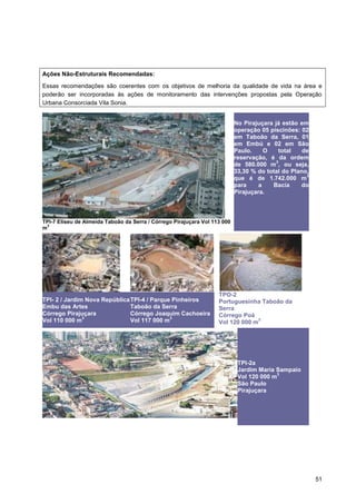Ações Não-Estruturais Recomendadas:

Essas recomendações são coerentes com os objetivos de melhoria da qualidade de vida na área e
poderão ser incorporadas às ações de monitoramento das intervenções propostas pela Operação
Urbana Consorciada Vila Sonia.


                                                                           No Pirajuçara já estão em
                                                                           operação 05 piscinões: 02
                                                                           em Taboão da Serra, 01
                                                                           em Embú e 02 em São
                                                                           Paulo.     O    total   de
                                                                           reservação, é da ordem
                                                                                          3
                                                                           de 580.000 m , ou seja,
                                                                           33,30 % do total do Plano,
                                                                                                    3
                                                                           que é de 1.742.000 m
                                                                           para     a   Bacia     do
                                                                           Pirajuçara.



TPI-7 Eliseu de Almeida Taboão da Serra / Córrego Pirajuçara Vol 113 000
  3
m




                                                                   TPO-2
TPI- 2 / Jardim Nova República TPI-4 / Parque Pinheiros            Portuguesinha Taboão da
Embu das Artes                 Taboão da Serra                     Serra
Córrego Pirajuçara             Córrego Joaquim Cachoeira           Córrego Poá
               3                             3
Vol 110 000 m                  Vol 117 000 m                       Vol 120 000 m
                                                                                 3




                                                                            TPI-2a
                                                                            Jardim Maria Sampaio
                                                                                          3
                                                                            Vol 120 000 m
                                                                            São Paulo
                                                                            Pirajuçara




                                                                                                        51
 