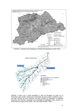 FIGURA 3: Unidades Geomorfológicas na Região Metrolopolitana de São Paulo.




FIGURA 4 Croqui com o limite topográfico e rede de drenagem da bacia do rio
Pirajussara (sem escala). Observa-se a assimetria da bacia quanto à distância entre o
seu vale principal de seus divisores. Na área prevista da Operação os afluentes
esquerdos são maiores e possuem uma densidade de drenagem maior, portanto um
maior volume de água (Fonte: DAEE, 1981 apud SEELHORST, 2004).


                                                                                  71
 