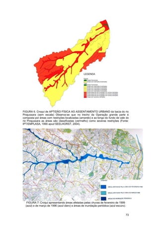 FIGURA 6. Croqui de APTIDÃO FÍSICA AO ASSENTAMENTO URBANO da bacia do rio
Pirajussara (sem escala) Observa-se que no trecho da Operação grande parte é
composta por áreas com restrições localizadas (amarelo) e ao longo do fundo de vale do
rio Pirajussara as áreas são classificadas (vermelho) como severas restrições (Fonte:
IPT/EMPLASA, 1990 apud SEELHORST, 2004).




   FIGURA 7: Croqui apresentando áreas afetadas pelas chuvas de fevereiro de 1999
  (azul) e de março de 1996 (azul claro) e áreas de inundação periódica (azul escuro).


                                                                                         73
 