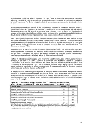 No caso deste Estudo de Impacto Ambiental, na Zona Oeste de São Paulo, considera-se como fator
relevante à análise do ruído a proposta de verticalização das construções, no perímetro da Operação
Urbana Consorciada Vila Sônia, principalmente junto aos eixos viários estruturais, considerados fontes
lineares.

A construção de edificações verticais de até 54m de altura, conforme PL / SEMPLA (Quadro I da lei – a
ser corrigido) provoca o surgimento de variações topográficas na morfologia local, que alterarão a forma
de propagação sonora. No entanto entende-se esse processo como facilitador do decaimento da
pressão sonora, pois, na verdade, os edifícios podem funcionar como barreiras sonoras às demais áreas
da Vila Sonia. Evidentemente o impacto sonoro direto nesses novos edifícios, será maior.

Para a realização do diagnóstico atual do parâmetro ambiental ruído deverão ser feitas medidas do nível
de pressão sonora em alguns pontos pré-selecionados em pontos de interesse. Considerar-se-á como
prioridade as alterações sonoras a serem provocadas no entorno do pátio de manobras da Linha 4 do
Metrô, quando os trens deixam os túneis, e trafegam em nível. Essa será considerada uma Área
Diretamente Afetada - ADA.

As demais áreas de influência seguem os critérios gerais definidos para o EIA, considerando como Área
de Influência Direta o perímetro da Operação Urbana, onde está previsto o incremento de tráfego de
veículos futuro, que deverá ser aliviado pelo sistema integrado de transporte coletivo (ônibus–metrô)
metrô e como Área de Influência Indireta a área da Subprefeitura do Butantã.

Na falta de indicadores acústicos para ruído lindeiro nas vias brasileiras, será adotado, como critério            de
avaliação, o da NBR 10.151/2000 “Avaliação de Ruído em Área Habitadas Visando o Conforto                           da
                                                                                                    0
Comunidade”, que é dada como referência em casos de ruído ambiental pela Resolução n 1                             do
CONAMA – de 08 de Março de 1990, que “Estabelece normas e serem obedecidas, no interesse                           da
saúde, no tocante à emissão de ruídos em decorrência de quaisquer atividades” e define os limites                  de
ruídos toleráveis, conforme disposto na Tabela 4.1.

A seleção adotada para definição dos pontos de medição permitirá caracterizar a região de maneira
uniforme. O procedimento das medições será feito de acordo com a ABNT NBR 10151/2000. Para tal,
deverá ser utilizado um medidor universal de nível de pressão sonora, ligado durante 10 minutos/ ponto,
considerando-se o nível de pressão sonora equivalente médio (L eq) e também o nível máximo (Lmax) para
cada ponto de medição.

TABELA 4.1 - NÍVEIS RECOMENDÁVEIS DE FUNDO EM DB(A) – NBR 10151/2000
NÍVEL CRITÉRIO DE AVALIAÇÃO (NCA) PARA AMBIENTES EXTERNOS – LEQ(A)
Tipos de Áreas                                                                         Diurno         Noturno

Áreas de Sítios e Fazendas                                                               45              35
Área estritamente Residencial/Urbana/ou de Escolas                                       50              45
Área Mista, predomínio Residencial                                                       55              50
Área Mista, com Vocação Comercial/e Administrativa                                       60              55
Área Mista, com Vocação Recreacional                                                     65              55
Área predominantemente Industrial                                                        70              60
Nota: Quando, pela condição atual da Zona em inspeção (mesmo que designada por lei), o Leq(A) de fundo superar o
NCA (Nível Critério de Avaliação) recomendável , aquele deve ser considerado como novo NCA de referência. Assim
sendo, o ruído impactante, incorporado ao de ambiente, não deverá, por sua vez, superar nenhum dos NCA quando da
avaliação da existência de incômodo.




                                                                                                                   88
 