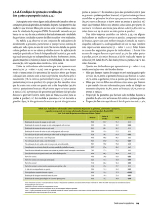 3.6.d. Condição de gestação e realização                                                                   pretas & pardas); v) foi medido o peso das gestantes (98,6% para
dos partos e puerperio (tabela 3.23.)                                                                      as gestantes pretas & pardas e brancas); vi) parturientes que foram
                                                                                                           atendidas no primeiro local em que procuraram atendimento
    Nesta parte serão vistos alguns indicadores selecionados sobre as                                      (89,1% entre as brancas e 87,6% entre as pretas & pardas); vii)
condições gerais da gravidez, do trabalho de parto e do puerpério das                                      mães que tiveram filhos nos últimos cinco anos, por parto foi
mulheres que tiveram filhos pelo menos uma vez nos últimos cinco                                           normal e receberam anestesia para aliviar a dor (31,6% entre as
anos de referência da pesquisa PNDS. Na verdade, tomando-se por                                            mães brancas e 25,2% entre as mães pretas & pardas).
base a cor ou raça da mãe, a referência dos indicadores será a totalidade                                      Das informações contidas na tabela 3.23, em alguns
de gravidezes concluídas e partos de filhos nascidos vivos realizados.                                     indicadores as mulheres pretas & pardas, comparativamente
    Na tabela 3.23, observa-se um conjunto de indicadores de                                               às brancas, apareciam com melhor situação. Contudo, na maioria
atendimento a gestantes, parturientes e puérperas no sistema de                                            daqueles indicadores, as desigualdades de cor ou raça também
saúde, em todo o país, no ano de 2006. Na mesma tabela, na quinta                                          não expressaram associação (p – valor > 0,05). Estes foram
coluna, podem-se ver os valores p obtidos através da aplicação do                                          os casos dos seguintes grupos de indicadores: i) havia feito
teste Qui-quadrado, ou Teste de Independência Estatística, que mede                                        exame de sangue durante o pré-natal: 92,7% das mães pretas
o grau de associação ou independência de dois fenômenos. Assim,                                            & pardas, 90,0% das mães brancas; e ii) foi realizado exame de
quanto maiores os valores p, maior a probabilidade de não existir                                          urina no pré-natal: 88,1% das mães pretas & pardas, 84,1% das
associação entre aquelas duas variáveis, e vice-versa.                                                     mães brancas.
    Entre os indicadores selecionados que não apresentaram                                                     Quanto aos indicadores que apresentaram p - valor < 0,05,
associação (p - valor > 0,05) com os grupos de cor ou raça,                                                tendo associação, estes são listados abaixo:
pode-se mencionar: i) o percentual de nascidos vivos que foram                                              •	 Mãe que fizeram exame de sangue no pré-natal pagando pelo
colocados em contato com a mãe na primeira meia hora após o                                                    serviço: 22,3%, entre as gestantes brancas que fizeram o exame;
nascimento (78,1% entre as parturientes brancas e 77,3% entre as                                               16,1%, entre as gestantes pretas & pardas que fizeram o exame;
parturientes pretas & pardas); ii) a proporção dos nascidos vivos                                           •	 Mães que tiveram filhos nos últimos cinco anos, que fizeram
que ficaram com a mãe no quarto até a alta hospitalar (90,6%                                                   o pré-natal e foram informadas para onde se dirigir no
entre as parturientes brancas e 88,5% entre as parturientes pretas                                             momento do parto: 65,8%, entre as brancas; 58,7%, entre as
& pardas); iii) a proporção de gestantes que haviam sido pesadas                                               pretas & pardas;
durante a gravidez (98,6% tanto para as brancas como para as                                                •	 Proporção de gestantes que haviam sido medidas durante a
pretas & pardas); iv) foi medida a pressão arterial durante a                                                  gravidez: 84,5%, entre as brancas, 85% entre as pretas & pardas;
gravidez (99,7% das gestantes brancas e 99,0% das gestantes                                                 •	 Proporção das mães que deram à luz de parto normal: 51,4%,

                                   Tabela 3.23. Indicadores selecionados sobre tratamento dispensado às gestantes, parturientes e puérperas,
                                            segundo os grupos de cor ou raça selecionados (brancas e pretas & pardas), Brasil, 2006
                                                             (em % do total de partos ocorridos nos últimos 5 anos)

                                                                                                                       Brancas
                                                                                                                                           Pretas &
                                                                                                                                            Pardas
                                                                                                                                                                 Total              p-valor

              Realização de exame de sangue no pré-natal                                                                 90,0                 92,7                91,3                0,12
              Realização de exame de sangue no pré-natal pagando pelo serviço                                            22,3                 16,1                18,5                0,04
              Realização de exame de urina no pré-natal                                                                  84,1                 88,1                86,3                0,11
              Realização de exame de urina no pré-natal pagando pelo serviço                                             20,4                 15,5                17,5                0,11
              Na realização do pré-natal, informação sobre onde se dirigir no momento do parto                           65,8                 58,7                61,8                0,02
              Na realização do pré-natal, a mãe foi pesada                                                               98,6                 98,6                98,5                0,92
              Na realização do pré-natal, a mãe foi medida                                                               84,5                 85,0                84,1                0,05
              Na realização do pré-natal, a mãe teve a pressão arterial medida                                           99,7                 99,0                99,2                0,08
              Atendimento no primeiro local de procura quando do trabalho de parto                                       89,1                 87,6                88,1                0,65
              Nascido vivo colocado em contato com a mãe na primeira meia hora após o nascimento                         78,1                 77,3                77,5                0,91
              Nascido vivo ficou no quarto com a mãe até a alta hospitalar                                               90,6                 88,5                89,4                0,44
              Parto foi cesárea                                                                                          48,6                 39,8                43,6                0,01
              Parto foi cesárea com marcação antecipada                                                                  52,5                 42,4                45,8                0,05
              Parto foi normal                                                                                           51,4                 60,2                56,4                0,01
              Parto foi normal e a mãe recebeu anestesia para aliviar a dor                                              31,6                 25,2                27,7                0,11
              A mãe teve acompanhante no quarto                                                                          20,4                 14,3                16,2                0,01
              Pelos pubianos raspados durante o parto                                                                    46,4                 33,2                37,9              <0,001
              Realização de lavagem intestinal antes do parto                                                            23,6                 19,4                21,6                0,03
              Realização de exame ginecológico até 2 meses após o parto                                                  46,0                 34,7                38,9                0,00

              Fonte: Ministério da Saúde / Centro Brasileiro de Análise e Planejamento (CEBRAP), microdados PNDS; Projeto UNIFEM ref: 50642-001/2009 "Indicadores de mortalidade materna
              desagregados por sexo raça/cor"
              Tabulações LAESER: Fichário das Desigualdades Raciais
              Nota 1: a população total inclui os indivíduos de cor ou raça amarela, indígena e ignorada
              Nota 2: p-valor corresponde ao teste de Qui-quadrado, método de Pearson. Quanto menor o valor maior o nível de significância estatística em termos das diferenças das médias
              apresentadas pelos respectivos grupos de cor ou raça 




                                                                                                                                                               Saúde sexual e reprodutiva  109
 