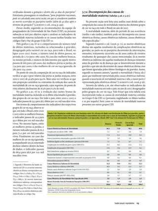 verificadas durante a gestação e dentro dos 42 dias do puerpério”.                     3.7.e. Decomposição das causas de
Entretanto, prosseguem os estudiosos, “para propósitos nacionais,                      mortalidade materna (tabelas 3.26. e 3.27.)
pode ser calculada uma outra razão, em que se considerem também
as mortes ocorridas no puerpério tardio (além de 42 dias após o                            Na presente seção será feita uma análise mais detida sobre a
término da gestação)” (LAURENTI e col., 2004, p. 459).                                 composição das causas de mortalidade materna dos distintos grupos
    Desse modo, seguindo as recomendações da equipe de                                 de cor ou raça em todo o Brasil, no ano de 2007.
pesquisadores da Universidade de São Paulo (USP), na presente                              A mortalidade materna, além do período de sua ocorrência
subseção se terá por objetivo expor e analisar os indicadores de                       (tardia e não tardia), também pode ser decomposta em causas
mortalidade materna incluindo-se as causas tardias listadas nos                        obstétricas diretas, causas obstétricas indiretas, causas obstétricas
códigos O96 e O97 do grupo O da CID-10.                                                não especificadas.1
    Pelo gráfico 3.29, vê-se o comportamento do número total                               Segundo Laurenti e col. (2006, p. 72), as mortes obstétricas
de óbitos maternos, incluídos os relacionados à gravidez,                              diretas são aquelas resultantes de complicações obstétricas na
desagregado pela variável cor ou raça, para todo o Brasil, no                          gravidez, no parto ou no puerpério, decorrentes de intervenções,
lapso 2000-2007. Assim, o número total de óbitos passou, no                            omissões, tratamento incorreto ou de uma cadeia de eventos
período, de 1.710 para 1.682 casos. No caso das mulheres brancas,                      resultantes de quaisquer das causas mencionadas. Já as mortes
no mesmo período, o número de falecimentos por aquele motivo                           obstétricas indiretas são aquelas resultantes de doenças existentes
passou de 663 para 558 casos; das mulheres pretas & pardas, de                         antes da gravidez ou de doenças que se desenvolveram durante a
734 para 992 casos; e das mulheres de cor ou raça ignorada, de                         gravidez e que não são decorrentes de causas obstétricas diretas, mas
282 para 104 casos.                                                                    que foram agravadas pelos efeitos fisiológicos da gravidez. Assim,
    Do ponto de vista da composição de cor ou raça do indicador,                       segundo os mesmos autores, “quando a mortalidade é baixa, ela é
verifica-se que o peso relativo das pretas & pardas avançou, entre                     quase que totalmente representada pelas causas obstétricas indiretas;
2000 e 2007, de 42,9% para 59,0%. Mais uma vez verificou-se que                        quando a taxa/razão de mortalidade materna é alta, a maior parte é
esta proporção caminhou na contramão da redução dos casos de                           representada pelas obstétricas diretas” (LAURENTI e col., 2006, p. 56).
mortalidade de cor ou raça ignorada, cujos registros, do ponto de                          Através da tabela 3.26, são observados os indicadores da
vista relativo, declinaram de 16,5% para 6,2% do total.                                mortalidade materna em todo o país, no ano de 2007, desagregados
    No gráfico 3.30, vê-se a evolução das razões brutas de                             pelos grupos de cor ou raça. Vale frisar que esta tabela está
mortalidade materna, incluindo-se os óbitos relacionados à gravidez,                   incorporando todas as causas de mortalidade materna contidas
dos grupos de cor ou raça. Em todo o país, entre 2000 e 2007, o                        no Grupo O da CID-10 (portanto, englobando os óbitos tardios
indicador passou de 53,3 para 58,2 óbitos por 100 mil nascidos vivos.                  e os por sequela), bem como os vetores de mortalidade materna
    Em termos do compor­tamento dos indicadores dos respectivos                        presentes em outros grupos CID.
grupos de cor ou raça, observa-se
que, em todo o Brasil, entre 2000
e 2007, entre as mulheres brancas, Tabela 3.26. População residente do sexo feminino entre 10 e 49 anos de idade com Declaração de Óbito por gravidez, parto e
                                     puerpério (inclusive causas de óbitos relacionadas à maternidade) de acordo com a causa de mortalidade, segundo os grupos de
o indicador passou de 42,5 para        cor ou raça selecionados (brancas, pretas & pardas e cor ignorada), Brasil, 2007 (em % do número de Declarações de Óbito)
43,0 óbitos por 100 mil nascidos
                                                                                                                              Pretas &   Cor ou Raça
vivos. No mesmo lapso, entre                                                                                     Brancas
                                                                                                                               Pardas      Ignorada
                                                                                                                                                          Total
as mulheres pretas & pardas, o
                                     Causas Obstétricas Diretas de Mortalidade                                      66,5        73,8         70,2         69,8
mesmo indicador passou de 61,2
                                     Complicações do aborto (O00 – O08)                                              7,3         8,7          4,8          7,9
para 71,0 por 100 mil nascidos
                                     Transtornos hipertensivos (O10-O16)                                            17,6        21,5         25,0         19,1
vivos. Finalmente, no caso das
                                     Outros transtornos relacionados à gravidez (O20-O29)                            5,2         2,9          3,8          3,6
mulheres de cor ou raça ignorada,
                                     Problemas ligados ao feto, membranas e placenta (O30-O48)                       7,3         7,8          8,7          7,7
acompanhando seu já comentado
                                     Complicações do trabalho de parto e parto (O60-O75)                            15,1        18,2         15,4         17,2
declínio relativo dentro da base
                                     Complicações do puerpério (O85-O92)                                            13,8        14,4         12,5         14,1
de dados, o indicador passou
                                     Mola hidatiforme maligna ou invasiva (D39.2)                                    0,2         0,1          0,0          0,1
de 68,9 para 58,8 por 100 mil
                                     Necrose hipofisária pós-parto (E23.0)                                           0,0         0,0          0,0          0,0
nascidos vivos.
                                         Transtornos mentais e comportamentais associados ao puerpério (F53)                              0,0              0,2               0,0              0,1
                                         Osteomalácia puerperal (M83.0)                                                                   0,0              0,0               0,0              0,0
                                         Causas Obstétricas Indiretas de Mortalidade                                                     24,4             19,0              23,1             22,3
1. Segundo o Ministério da Saúde, no
                                         Causas obstétricas indiretas (O98-O99)                                                          18,3             14,5              13,5              15,7
interior da CID-10, as mortes maternas
                                         Demais causas obstétricas indiretas Grupo O (O10, O24, O25)                                      2,5              0,8               2,9              2,9
obstétricas diretas correspondem aos
                                         Tétano obstétrico (A34)                                                                          0,0              0,1               0,0              0,1
códigos: O00.0 a O08.9, O11 a O23.9,
                                         Doenças causadas pelo HIV (B20 a B24)                                                            3,6              3,5               6,7              3,7
O24.4, O26.0 a O92.7, D39.2, E23.0,
F53 e M83.0. As mortes maternas          Causa Obstétrica de Mortalidade Não Especificada (O95)                                           3,0              1,9               2,9              2,4

obstétricas indiretas correspondem       Mortes Ocorridas Fora do Período de Puerpério (O96-O97)                                          6,1              5,3               3,8              5,5
aos códigos: O10.0 a O10.9; O24.0 a      Total                                                                                          100,0            100,0              100,0            100,0
O24.3; O24.9, O25, O98.0 a O99.8, A34,    Fonte: Ministério da Saúde, DATASUS, microdados SIM; Projeto UNIFEM ref: 50642-001/2009 "Indicadores de mortalidade materna desagregado por sexo raça / cor"
                                          Tabulações LAESER: Fichário das Desigualdades Raciais
B20 a B24; e as mortes obstétricas não    Nota: a população total incluí os indvíduos de cor ou raça amarela e indígena
especificadas ao código: O95.



                                                                                                                                                      Saúde sexual e reprodutiva  115
 