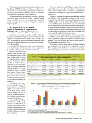 Na base estavam inscritas 22.957.811 famílias, sendo 11.130.537                                    No caso dos titulares brancos do PBF, 35,7% residiam no Sudeste,
beneficiárias do PBF. Deste total, por problemas específicos na base                               33,7%, no Nordeste, 21,4%, no Sul, 5,1%, no Centro-Oeste e 4,1%, no
enviada, não foi possível localizar o perfil do titular, incluindo sua                             Norte. Neste caso, o peso relativo dos residentes nas regiões Norte
cor ou raça, em 139.748 famílias. Portanto, da base a ser comentada,                               e Nordeste era quase a metade, comparativamente aos negros &
será investigado o universo de 10.990.789 famílias.                                                pardos: 37,8%.
    Na base do CadÚnico, as categorias de cor ou raça utilizadas                                       No gráfico 4.3, é possível observar o percentual de famílias atendidas
são: branca, negra, parda, além de amarela e indígena. Visando                                     pelo PBF sobre o total de domicílios existentes em todo o país. O
manter a coerência com o que veio sendo exposto ao longo deste                                     percentual foi obtido dividindo-se o número de famílias beneficiadas
estudo, serão agrupadas em um único contingente as categorias                                      pelo PBF segundo a cor ou raça do titular do benefício, de acordo com
“negro” e “pardo”.                                                                                 a base do CadÚnico gerada em fevereiro de 2009, pelo número total
                                                                                                   de domicílios particulares permanentes existentes no Brasil segundo a
4.3.b. Composição de cor ou raça dos                                                               cor ou raça da pessoa de referência de acordo com os dados da PNAD
beneficiários titulares do Programa Bolsa                                                          2008. Vale lembrar que, como este último levantamento tem como
Família (tabela 4.4.; gráfico 4.3.; mapas 4.1. e 4.2.)                                             período de referência setembro de 2008, há uma diferença de cinco
                                                                                                   meses no período de cobertura de ambas as bases.
    Em fevereiro de 2009, das cerca de 11 milhões de famílias                                          Dessa forma, em todo o país, 18,0% das famílias eram atendidas
beneficiárias do PBF em que foi possível coletar informações sobre                                 pelo PBF. Quando este dado é visto de forma desagregada para as
o perfil socioeconômico do titular, observa-se que, em todo o país,                                famílias que tinham por pessoa de referência indivíduos negros
cerca de 7,3 milhões de famílias tinham por titular pessoas de cor                                 & pardos, 24,0% eram atendidos pelo PBF. Já entre os brancos, o
ou raça negra & parda. Os titulares brancos corresponderam a                                       mesmo indicador correspondia a 9,8%.
cerca de 2,9 milhões.                                                                                  Observando-se aqueles valores relativos obtidos do CadÚnico
    Assim, 66,4% dos titulares eram negros & pardos. Destes, 61,3%                                 (em cruzamento com a PNAD 2008) e comparando-os com os
eram mulheres e 5,1% eram homens. Já os brancos responderam                                        dados do suplemento da PNAD 2006 sobre acesso a transferências
por 26,8% dos titulares, 25,0% mulheres e 1,7%, homens.                                            de renda de programas sociais, tal como consta na primeira edição
    Quando os beneficiários do
PBF são vistos em cada uma
                                                 Tabela 4.4. Unidades familiares com indivíduos beneficiários monetariamente pelo Programa Bolsa Família,
das cinco regiões geográficas do                   segundo os grupos de cor ou raça selecionados (brancos e negros & pardos) e sexo do titular do benefício,
país, verifica-se que os negros                                               Brasil e grandes regiões, 2009 (em número de unidades familiares)
& pardos formavam a maioria                                                        Norte               Nordeste               Sudeste               Sul            Centro-Oeste    Brasil
absoluta dos titulares no Norte
                                     Homens Brancos                                 8.436                67.944                65.489             37.120                8.947     187.936
(82,1%), no Nordeste (76,2%),
                                     Homens Negros & Pardos                        83.842               343.637                99.911             12.720               21.589     561.699
no Sudeste (55,8%) e no Centro-
                                     Homens                                       101.968               448.909               184.356             56.107               35.056     826.396
Oeste (63,7%), sendo minoritários
                                     Mulheres Brancas                             110.957               924.196               985.249            591.753              140.284    2.752.439
somente no Sul (22,8%). Mas,
de qualquer modo, em todas as Mulheres Negras & Pardas                            829.679              3.918.969             1.478.308           197.726              315.711    6.740.393

cinco grandes regiões, os negros     Mulheres                                    1.010.176            5.147.518              2.643.588           868.312              494.799   10.164.393

& pardos apresentavam um Total                                                   1.112.144            5.596.427              2.827.944           924.419              529.855   10.990.789

peso relativo, entre os titulares    Fonte: Ministério do Desenvolvimento Social e Combate à Fome, microdados CadÚNICO (fev / 09)
                                     Tabulações LAESER: Fichário das Desigualdades Raciais
do PBF, superior à sua presença Nota 1: a população total inclui os indivíduos de cor ou raça amarela, indígena e ignorada
nas correspondentes populações Nota 2: da base disponibilizada do CadÚNICO não foi possível obter informações sobre o titular do benefício em 139.748 famílias
residentes.
    Em todo o país, 50,9%                        Gráfico 4.3. Unidades familiares com indivíduos beneficiários monetariamente pelo Programa Bolsa Família,
dos beneficiários do PBF                                         segundo os grupos de cor ou raça selecionados (brancos e negros & pardos) do titular,
                                                                                 Brasil e grandes regiões, 2009 (em % das unidades familiares)
eram residentes no Nordeste,
25,7%, no Sudeste, 10,1%, no
Norte; 8,4%, no Sul e 4,8%,
no Centro-Oeste. Ou seja, os
titulares residentes no Norte e
no Nordeste respondiam por
61,0% dos beneficiários.
    Entre os titulares do PBF que
eram negros & pardos, 58,4%
residiam no Nordeste, 21,6%, no
Sudeste, 12,5%, no Norte, 4,6%,
no Centro-Oeste e 2,9%, no Sul.
Portanto, 70,9% dos beneficiários     Fonte: Ministério do Desenvolvimento Social e Combate à Fome, microdados CadÚNICO (fev / 09); IBGE, microdados PNAD-2008
                                      Tabulações LAESER: Fichário das Desigualdades Raciais
do PBF residiam nas regiões           Nota 1: a população total inclui os indivíduos de cor ou raça amarela, indígena e ignorada
                                      Nota 2: da base disponibilizada do CadÚNICO não foi possível obter informações sobre o titular do benefício em 139.748 famílias
Norte e Nordeste.


                                                                                                                      Assistência social e segurança alimentar e nutricional  133
 