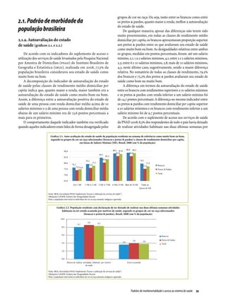 grupos de cor ou raça. Ou seja, tanto entre os brancos como entre
2.1. Padrão de morbidade da                                                                             os pretos & pardos, quanto maior a renda, melhor a autoavaliação
                                                                                                        do estado de saúde.
população brasileira                                                                                         De qualquer maneira, apesar das diferenças não terem sido
                                                                                                        muito proeminentes, em todas as classes de rendimento médio
2.1.a. Autoavaliação do estado                                                                          domiciliar per capita, os brancos apresentaram proporção superior
de saúde (gráficos 2.1. e 2.2.)                                                                         aos pretos & pardos entre os que avaliavam seu estado de saúde
                                                                                                        como muito bom ou bom. As desigualdades relativas entre ambos
     De acordo com os indicadores do suplemento de acesso e                                             os grupos, medidas em pontos percentuais, foram: até um salário
utilização dos serviços de saúde levantados pela Pesquisa Nacional                                      mínimo, 2,1; 1 a 2 salários mínimos, 4,1; entre 2 e 5 salários mínimos,
por Amostra de Domicílios (PNAD) do Instituto Brasileiro de                                             2,3; entre 6 e 10 salários mínimos, 2,8; mais de 10 salários mínimos,
Geografia e Estatística (IBGE), realizada em 2008, 77,3% da                                             4,3, neste último caso, sugestivamente, sendo a maior diferença
população brasileira considerava seu estado de saúde como                                               relativa. No somatório de todas as classes de rendimento, 79,5%
muito bom ou bom.                                                                                       dos brancos e 75,2% dos pretos & pardos avaliaram seu estado de
     A decomposição do indicador de autoavaliação do estado                                             saúde como bom ou muito bom.
de saúde pelas classes de rendimento médio domiciliar per                                                    A diferença em termos da autoavaliação do estado de saúde
capita indica que, quanto maior a renda, maior também era a                                             entre os brancos com rendimentos superiores a 10 salários mínimos
autoavaliação do estado de saúde como muito bom ou bom.                                                 e os pretos & pardos com renda inferior a um salário mínimo foi
Assim, a diferença entre a autoavaliação positiva do estado de                                          de 14,7 pontos percentuais. A diferença no mesmo indicador entre
saúde de uma pessoa com renda domiciliar média acima de 10                                              os pretos & pardos com rendimento domiciliar per capita superior
salários mínimos e a de uma pessoa com renda domiciliar média                                           a 10 salários mínimos e os brancos com rendimento inferior a um
abaixo de um salário mínimo era de 13,6 pontos percentuais a                                            salário mínimo foi de 9,7 pontos percentuais.
mais para os primeiros.                                                                                      De acordo com o suplemento de acesso aos serviços de saúde
     O comportamento daquele indicador também era verificado                                            da PNAD 2008, 8,3% dos respondentes de todo o país havia deixado
quando aqueles indicadores eram lidos de forma desagregada pelos                                        de realizar atividades habituais nas duas últimas semanas por

                       Gráfico 2.1. Auto-avaliação do estado de saúde da população residente na semana de referência como muito bom ou bom,
                       segundo os grupos de cor ou raça selecionados (brancos e pretos & pardos) e classes de rendimento domiciliar per capita,
                                                 em faixas de Salário Mínimo (SM), Brasil, 2008 (em % da população)




                     Fonte: IBGE, microdados PNAD (Suplemento “Acesso e utilização de serviços de saúde”)
                     Tabulações LAESER: Fichário das Desigualdades Raciais
                     Nota: a população total inclui os indivíduos de cor ou raça amarela, indígena e ignorada


                              Gráfico 2.2. População residente com declaração de ter deixado de realizar nas duas últimas semanas atividades
                                  habituais ou ter estado acamada por motivos de saúde, segundo os grupos de cor ou raça selecionados
                                                       (brancos e pretos & pardos), Brasil, 2008 (em % da população)




                     Fonte: IBGE, microdados PNAD (Suplemento “Acesso e utilização de serviços de saúde”)
                     Tabulações LAESER: Fichário das Desigualdades Raciais
                     Nota: a população total inclui os indivíduos de cor ou raça amarela, indígena e ignorada




                                                                                                                  Padrões de morbimortalidade e acesso ao sistema de saúde  39
 