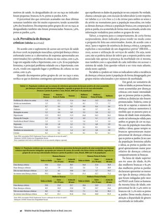motivos de saúde. As desigualdades de cor ou raça no indicador                                                que espelhavam os dados da população no seu conjunto. Na verdade,
foram pequenas: brancos, 8,1%; pretos & pardos, 8,6%.                                                         chama a atenção que, com exceção da tuberculose (a este respeito,
    O percentual dos que estiveram acamados nas duas últimas                                                  ver tabelas 2.5 e 2.6 e box 2.1) e da cirrose para ambos os sexos e
semanas também não foi muito expressivo, tendo acometido                                                      da artrite ou reumatismo para a população masculina, em todas
3,8% dos brasileiros. Decompostas pelos grupos de cor ou raça, as                                             as demais doenças crônicas a população branca, em comparação à
desigualdades também não foram pronunciadas: brancos, 3,6%,                                                   preta & parda, era acometida de forma mais acentuada, sendo esta
pretos & pardos, 4,0%.                                                                                        informação verdadeira para ambos os grupos de sexo.
                                                                                                                  Talvez, a resposta para o comportamento, de certa forma
2.1.b. Prevalência de doenças                                                                                 surpreendente, deste indicador possa residir no modo como
crônicas (tabelas 2.1. e 2.2.)                                                                                a pergunta foi feita aos entrevistados. Assim, de acordo com o
                                                                                                              IBGE, “para o registro de existência de doença crônica, a pergunta
      De acordo com o suplemento de acesso aos serviços de saúde                                              explicitou a necessidade de um diagnóstico prévio” (BRASIL...,
da PNAD 2008, na população masculina, a principal doença crônica                                              2005, acesso e utilização de serviços de saúde). Ou seja, neste
enfrentada (entre as 11 alternativas de respostas apresentadas aos                                            caso, não se poderia deixar de inferir que a resposta poderia estar
entrevistados) foi o problema de coluna ou nas costas, com 11,4%.                                             associada não apenas à presença da morbidade em si mesma,
Logo em seguida vinha a hipertensão, com 11,3%. Já na população                                               mas também com a capacidade de cada indivíduo em acessar o
feminina, o principal problema relatado era a hipertensão, com                                                sistema de saúde. Esta questão voltará a ser vista mais adiante,
16,5%, vindo em segundo lugar o problema de coluna ou nas                                                     ainda neste capítulo.
costas, com 15,4%.                                                                                                Na tabela 2.2 podem ser vistos os indicadores sobre a incidência
      Quando decompostos pelos grupos de cor ou raça e sexo,                                                  de doenças crônicas junto à população de forma desagregada, por
verifica-se que os distintos contingentes apresentavam indicadores                                            grupos etários selecionados e por número de morbidade.
                                                                                                                                                      Em geral, no somatório de
            Tabela 2.1. População residente que na semana de referência apresentou declaração positiva de estar acometida                         todas as idades, as pessoas brancas
                     por doenças crônicas especificamente indagadas, segundo os grupos de cor ou raça selecionados                                eram acometidas por doenças
                                         (brancos e pretos & pardos) e sexo, Brasil, 2008 (em % da população)
                                                                                                                                                  crônicas com maior intensidade
                                                    Homens               Homens                        Mulheres        Mulheres                   que as pessoas pretas & pardas,
                                                                                            Homens                                     Mulheres
                                                    Brancos        Pretos & Pardos                     Brancas      Pretas & Pardas
                                                                                                                                                  embora as distâncias não fossem
 Problema de coluna ou costas                         11,6                 11,1              11,4        16,4             14,5            15,4
 Artrite ou reumatismo                                 3,5                  3,5               3,5         8,1              7,3             7,7
                                                                                                                                                  pronunciadas. Todavia, como já
 Câncer                                                0,7                  0,3               0,5         0,8              0,4             0,6    seria de se esperar, o número de
 Diabetes                                              3,5                  2,6               3,1         4,4              3,7             4,1    doenças crônicas aumentava à
 Bronquite ou asma                                     5,2                  4,4               4,8         5,3              5,0             5,2    medida que se passava para as
 Hipertensão                                          12,3                 10,3              11,3        16,6             16,3            16,5    faixas de idade mais avançadas,
 Doença do Coração                                     3,9                  3,0               3,4         4,9              4,1             4,5    sendo tal informação válida para
 Insuficiência Renal Crônica                           1,2                  1,1               1,1         1,4              1,3             1,4    ambos os grupos de cor ou raça.
 Depressão                                             2,8                  1,8               2,2         7,1              4,8             5,9    No caso da população masculina
Tuberculose                                            0,1                  0,2               0,1         0,1              0,1             0,1
                                                                                                                                                  adulta e idosa, quase sempre os
Tendinite ou tenossinovite                             1,8                  1,1               1,4         4,7              2,8             3,8
Cirrose                                                0,2                  0,2               0,2         0,1              0,1             0,1
                                                                                                                                                  brancos apresentavam maior
  Fonte: IBGE, microdados PNAD (Suplemento “Acesso e utilização de serviços de saúde”)
                                                                                                                                                  percentual de doenças crônicas
  Tabulações LAESER: Fichário das Desigualdades Raciais                                                                                           que os pretos & pardos. Já no caso
  Nota: a população total inclui os indivíduos de cor ou raça amarela, indígena e ignorada
                                                                                                                                                  da população feminina adulta
                                                                                                                                                  e idosa, as pretas & pardas em
   Tabela 2.2. População residente que na semana de referência apresentou declaração positiva de estar acometida por doenças                      geral apresentavam maior peso
    crônicas especificamente indagadas, agrupadas por número de causas, de acordo com faixas etárias escolhidas, segundo os
                grupos de cor ou raça selecionados (brancos e pretos & pardos) e sexo, Brasil, 2008 (em % da população)
                                                                                                                                                  relativo de doenças crônicas
                                                                  Homens Brancos                                Homens Pretos & Pardos
                                                                                                                                                  comparativamente às brancas.
                                                                          Entre            Acima de                      Entre         Acima de
                                                                                                                                                      Na faixa de idade superior
                                               Todas as idades                                      Todas as idades
                                                                     25 e 59 anos           60 anos                   25 e 59 anos       60 anos  aos 60 anos de idade, 81,8%
Uma doença crônica                                    18,4                 22,6              30,5        16,6             21,6            30,9    das mulheres brancas e 81,9%
Duas doenças crônicas                                  6,5                  7,9              22,1         5,4              7,4            20,9    das mulheres pretas & pardas
Três ou mais doenças crônicas                          4,3                  4,1              19,8         3,4              3,7            19,3    declararam apresentar ao menos
Ao menos uma doença crônica                           29,2                 34,6              72,4        25,3             32,7            71,2
                                                                                                                                                  um tipo de doença crônica das
                                                                 Mulheres Brancas                               Mulheres Pretas & Pardas
                                                                                                                                                  que foram indagadas pelo IBGE
                                                                          Entre            Acima de                      Entre         Acima de
                                               Todas as idades
                                                                     25 e 59 anos           60 anos
                                                                                                    Todas as idades
                                                                                                                      25 e 59 anos       60 anos  na PNAD 2008. Entre os homens
Uma doença crônica                                    19,0                 23,8              25,7        18,6             24,9            27,3    da mesma faixa de idade, este
Duas doenças crônicas                                  8,9                 10,9              23,0         7,9             10,7            24,4    percentual foi de 72,4% entre os
Três ou mais doenças crônicas                          8,8                  8,3              33,2         7,1              8,4            30,2    brancos e de 71,2% entre os pretos
Ao menos uma doença crônica                           36,7                 43,1              81,8        33,6             44,0            81,9    & pardos. Desse modo, chama a
 Fonte: IBGE, microdados PNAD (Suplemento “Acesso e utilização de serviços de saúde”)                                                             atenção a disparidade de gênero
 Tabulações LAESER: Fichário das Desigualdades Raciais
                                                                                                                                                  encontrada no indicador.


        40  Relatório Anual das Desigualdades Raciais no Brasil; 2009-2010
 
