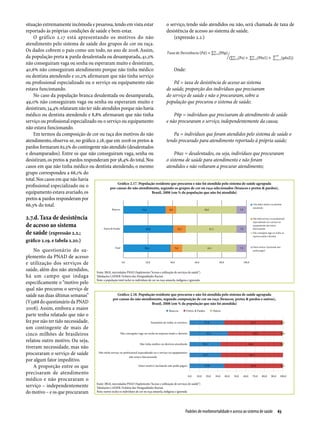 situação extremamente incômoda e pesarosa, tendo em vista estar                  o serviço, tendo sido atendidos ou não, será chamada de taxa de
reportado às próprias condições de saúde e bem-estar.                            desistência de acesso ao sistema de saúde.
    O gráfico 2.17 está apresen­ando os motivos do não
                                      t                                               (expressão 2.2.)
atendimento pelo sistema de saúde dos grupos de cor ou raça.
Os dados cobrem o país como um todo, no ano de 2008. Assim,
da população preta & parda desalentada ou desamparada, 41,2%
não conseguiram vaga ou senha ou esperaram muito e desistiram,
40,6% não conseguiram atendimento porque não tinha médico                             Onde:
ou dentista atendendo e 10,2% afirmaram que não tinha serviço
ou profissional especializado ou o serviço ou equipamento não                         Pd = taxa de desistência de acesso ao sistema
estava funcionando.                                                              de saúde, proporção dos indivíduos que precisaram
    No caso da população branca desalentada ou desamparada,                      do serviço de saúde e não o procuraram, sobre a
49,0% não conseguiram vaga ou senha ou esperaram muito e                         população que procurou o sistema de saúde;
desistiram, 34,4% relataram não ter sido atendidos porque não havia
médico ou dentista atendendo e 8,8% afirmaram que não tinha                           Pñp = indivíduos que precisaram de atendimento de saúde
serviço ou profissional especializado ou o serviço ou equipamento                e não procuraram o serviço, independentemente da causa;
não estava funcionando.
    Em termos da composição de cor ou raça dos motivos do não                         Pa = indivíduos que foram atendidos pelo sistema de saúde o
atendimento, observa-se, no gráfico 2.18, que em 2008 os pretos &                tendo procurado para atendimento reportado à própria saúde;
pardos formaram 62,5% do contingente não atendido (desalentados
e desamparados). Entre os que não conseguiram vaga, senha ou                          Pña1 = desalentados, ou seja, indivíduos que procuraram
desistiram, os pretos & pardos responderam por 58,4% do total. Nos               o sistema de saúde para atendimento e não foram
casos em que não tinha médico ou dentista atendendo, o mesmo                     atendidos e não voltaram a procurar atendimento;
grupo correspondeu a 66,1% do
total. Nos casos em que não havia
                                                  Gráfico 2.17. População residente que procurou e não foi atendida pelo sistema de saúde agrupada
profissional especializado ou o              por causas do não atendimento, segundo os grupos de cor ou raça selecionados (brancos e pretos & pardos),
equipamento estava avariado, os                                        Brasil, 2008 (em % da população que não foi atendida)
pretos & pardos responderam por
66,3% do total.

2.7.d. Taxa de desistência
de acesso ao sistema
de saúde (expressão 2.2.;
gráfico 2.19. e tabela 2.20.)
    No questionário do su­
plemento da PNAD de acesso
e utilização dos serviços de
saúde, além dos não atendidos,         Fonte: IBGE, microdados PNAD (Suplemento “Acesso e utilização de serviços de saúde”)
há um campo que indaga                 Tabulações LAESER: Fichário das Desigualdades Raciais
                                       Nota: a população total inclui os indivíduos de cor ou raça amarela, indígena e ignorada
especificamente o “motivo pelo
qual não procurou o serviço de
saúde nas duas últimas semanas”                       Gráfico 2.18. População residente que procurou e não foi atendida pelo sistema de saúde agrupada
                                                    por causas do não atendimento, segundo composição de cor ou raça (brancos, pretos & pardos e outros),
(V3368 do questionário da PNAD                                              Brasil, 2008 (em % da população que não foi atendida)
2008). Assim, embora a maior
parte tenha relatado que não o
fez por não ter tido necessidade,
um contingente de mais de
cinco milhões de brasileiros
relatou outro motivo. Ou seja,
tiveram necessidade, mas não
procuraram o serviço de saúde
por algum fator impeditivo.
    A proporção entre os que
precisaram de atendimento
médico e não procuraram o
                                       Fonte: IBGE, microdados PNAD (Suplemento “Acesso e utilização de serviços de saúde”)
serviço – independentemente            Tabulações LAESER: Fichário das Desigualdades Raciais
do motivo – e os que procuraram        Nota: outros inclui os indivíduos de cor ou raça amarela, indígena e ignorada




                                                                                                                  Padrões de morbimortalidade e acesso ao sistema de saúde  63
 