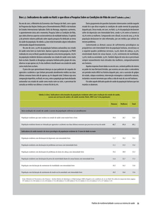 Box 2.7. Indicadores de saúde no Haiti: o que disse a Pesquisa Sobre as Condições de Vida de 2001? (tabela 2.4.box.)

No ano de 2001, o Ministério da Economia e das Finanças do Haiti, com o apoio                                   Outro grupamento de questões bastantes interessantes contido naquele
do Programa das Nações Unidas para o Desenvolvimento (PNUD) e do Instituto                                 estudo foi o que disse respeito às condições de saúde mental da população
de Estudos Internacionais Aplicados (Fafo) da Noruega, organizou a primeira,                               daquele país. Desse modo, em 2001, no Haiti, 15,1% da população declararam
e aparentemente única até o momento, Pesquisa Sobre as Condições de Vida,                                  sofrer de depressão com intensidade forte, sendo 11,7% entre os homens e
que cobriu diversos aspectos socioeconômicos da realidade haitiana. O capítulo                             18,2% entre as mulheres. Comparando com o Brasil, no ano de 2003, 4,1% da
4 do primeiro volume publicado sobre aquela pesquisa foi dedicado ao tema                                  população declararam ter sido informados, por um médico, que sofriam do
da saúde da população. Na tabela 2.4.box estão levantados alguns indicadores                               mesmo problema.
selecionados daquele levantamento.                                                                              Comentando as demais causas de sofrimentos psicológicos ou
      No ano de 2001, 32,8% da população haitiana autoavaliou seu estado                                   psiquiátricos com intensidade forte da população haitiana, encontrava-se
de saúde como bom ou muito bom. Apenas à guisa de comparação, na PNAD                                      o seguinte quadro: problemas nervosos, 13,4%; dores de cabeça, 25,3%;
realizada em 2003 no Brasil, quando da resposta a esta mesma pergunta, 78,6%                               emotividade diante de coisas banais, 17,3%; sentimento de inutilidade,
da população residente declarou autoavaliar seu estado de saúde como muito                                 13,6%; medo ou ansiedade, 13,6%. Também digno de nota são os percentuais
bom ou bom. Quando se desagrega a pesquisa haitiana pelos grupos de sexo,                                  sempre razoavelmente mais elevados das mulheres, comparativamente
observa-se que apenas 26,7% das mulheres classificavam seu estado de saúde                                 aos homens.
como muito bom ou bom.                                                                                          Aquelas respostas foram dadas no ano de 2001, contexto político de retorno
      O peso dos que apresentavam doenças ou que padeciam de sequelas de                                   ao poder de Jean Bertrand Aristide, que ocorrera um ano antes e antecederia
agressões e acidentes e que tinham procurado atendimento médico nas duas                                   um período muito difícil na história daquele país, com a sucessão de golpes
últimas semanas havia sido de apenas 49,1% daquele total. Embora seja uma                                  de estado, colapso econômico, intervenção estrangeira e catástrofes naturais,
comparação imperfeita, no Brasil, em 2003, entre a população que havia declarado                           incluindo o recente terremoto que ceifou a vida de mais de 200 mil haitianos.
autoavaliar seu estado de saúde como muito ruim ou ruim, o percentual de                                        Foi sobre aquele delicado quadro de saúde da população haitiana que tais
consulta ao médico nos últimos 12 meses foi de 87,0%.                                                      mazelas se abateram.



                                  Tabela 2.4.box. Indicadores selecionados da população residente sobre auto-avaliação do estado de saúde,
                                               acesso aos serviços de saúde e de saúde mental, Haiti, 2003 (em % da população)


                                                                                                                                                            Homens          Mulheres           Total


   Auto-avaliação do estado de saúde e acesso da população enferma ao atendimento


   População residente que auto-avaliou seu estado de saúde como muito bom e bom                                                                              39,4             26,7            32,8


   População residente doente ou vitimada por agressões e acidentes nas duas últimas semanas que procurou serviço de saúde                                    48,7             49,4            49,1


   Indicadores de saúde mental e de stress psicológico da população residente de 15 anos de idade ou mais


   População residente com declaração de depressão com intensidade forte                                                                                      11,7             18,2            15,1


   População residente com declaração de problemas nervosos com intensidade forte                                                                             11,1             15,5            13,4


   População residente com declaração de problemas de dores de cabeça com intensidade forte                                                                   19,2             30,9            25,3


   População residente com declaração de prova de emotividade diante de coisas banais com intensidade forte                                                   11,6             22,7            17,3


   População com declaração de sentimento de inutilidade com intensidade forte                                                                                10,5             16,5            13,6


   População com declaração de sentimento de medo ou de ansiedade com intensidade forte                                                                       10,5             16,6            13,6


       Fonte: Ministère de l'Economie et des Finances - Institut Haitien de Statistique et d'Informatique (2003), Enquête su les conditions de vie em Haïti. Por ordem de citação das fontes: páginas
       197 (tabela 4.5.3); 184 (tabela 4.3.2.3); 210 (tabela 4.7.15); 206 (tabela 4.7.3); 208 (tabela 4.7.9); 212 (tabela 4.7.21); 214 (tabela 4.7.27) e 217 (tabela 4.7.33)




                                                                                                                           Padrões de morbimortalidade e acesso ao sistema de saúde  75
 