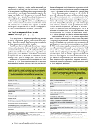 brancas e 17,1% das pretas & pardas que haviam passado por                                              das que declararam não ter tido dinheiro para acessar algum método
procedimentos operatórios de esterilização ou estavam arrependidas                                      anticoncepcional, situação apontada por 20,3% das pretas & pardas
ou haviam estado arrependidas em algum momento de suas vidas                                            e por 14,7% das brancas que foram mães antes dos 20 anos de idade.
por terem feito a esterilização. Outro indicador sugestivo: das                                              Acerca das mudanças que ocorreram na vida pelo fato de
brancas esterilizadas, 86,4% disseram que se tivessem de decidir                                        terem sido mães antes dos 20 anos de idade, a maioria das que
hoje, voltariam a fazer a operação. No caso das pretas & pardas, este                                   foram refletiu contentamento com a nova situação. Assim, 88,6%
percentual foi de 80,5%, 5,9 pontos percentuais inferior.                                               declararam ter passado a encontrar um motivo para viver; 79,1%
    Dessa forma, ao menos quando comparadas às mulheres brancas,                                        ficaram melhor consigo mesmas; 76,7% se sentiram mais respeitadas
acabava ocorrendo uma desconcertante associação entre, por um                                           por serem mães e 72,8% declararam que a vida melhorou por
lado, o menor acesso das mulheres pretas & pardas aos métodos                                           terem formado o próprio lar. Todavia, paradoxalmente, entre as
anticonceptivos, com, por outro lado, sua específica maior propensão                                    situações mais difíceis apontadas, 55% tiveram de abandonar a
ao acesso às formas irreversíveis de controle, a esterilização.                                         escola, 41,3% apontaram terem pouco tempo para o lazer, 35,1%
                                                                                                        perderam sua turma (círculo de relações de amizade), 28,9%
3.2.e. Implicações pessoais de ter ou não                                                               tiveram problemas para o encontro de novas relações afetivas e
ter filhos (tabelas 3.11., 3.12., 3.13. e 3.14.)                                                        26,4% tiveram dificuldade para obter ou permanecer no trabalho.
                                                                                                             As desigualdades de cor ou raça no conjunto de indicadores
     Nesta subseção vão ser vistos alguns indicadores que apontam                                       acima estiveram presentes, porém sem serem muito discrepantes
os motivos pelos quais as mulheres resolveram ter filhos antes                                          e tampouco tendo apresentado um direcionamento nitidamente
dos 20 e depois dos 30 anos de idade, bem como as consequências                                         identificável. Guardadas estas ressalvas, do ponto de vista positivo da
reveladas de cada uma destas decisões adotadas.                                                         gravidez antes dos 20 anos (tal como entendido pelas entrevistadas
     Na tabela 3.11, observa-se a descrição das razões que explicam                                     da PNDS 2006), as pretas & pardas, comparativamente às brancas,
melhor a maternidade antes dos 20 anos de idade, pergunta feita                                         responderam com mais intensidade: passei a ser mais respeitada
somente às mulheres que viveram aquela condição. Dois terços das                                        por ser mãe (0,8 ponto percentual de diferença), relação com
que foram mães antes dos 20 anos declararam que engravidaram sem                                        marido melhorou (3,6 pontos percentuais) e casou (em 3,0 pontos
querer (65,0%). Outras alternativas que receberam maior número                                          percentuais). Do ponto de vista das sequelas da maternidade
de respostas: casei cedo (51,1%), marido ou companheiro queria ter                                      precoce, as pretas & pardas relataram com mais intensidade do
filhos logo (42,9%), queria ser mãe logo (38,7%), queria casar (38,1%).                                 que as brancas as seguintes situações: abandono da escola (1,5
     Na verdade, do conjunto de alternativas apresentadas às en­                                        ponto percentual), rejeição pela família (2,5 pontos percentuais),
trevistadas da PNDS 2006, as assimetrias de cor ou raça foram                                           abandono do marido ou companheiro (1,4 ponto percentual), perda
proporcionalmente pequenas, com a única exceção ficando por conta                                       da turma (5,9 pontos percentuais).

                                                                                                         Tabela 3.12. População residente do sexo feminino entre 15 e 49 anos de idade
 Tabela 3.11. População residente do sexo feminino entre 15 e 49 anos de idade                           que foi mãe antes dos 20 anos de acordo com as situações que explicam melhor
  que foi mãe antes dos 20 anos de acordo com as razões que explicam melhor                              as mudanças que ocorreram na sua vida por ter tido filhos ou ter engravidado
  porque teve filhos ou engravidou nesta faixa de idade, segundo os grupos de                                  nesta faixa de idade, segundo os grupos de cor ou raça selecionados
  cor ou raça selecionados (brancas e pretas & pardas), Brasil, 2006 (em % da                               (brancas e pretas & pardas), Brasil, 2006 (em % da população feminina
     população feminina entre 15 e 49 anos que foi mãe antes dos 20 anos)                                                entre 15 e 49 anos que foi mãe antes dos 20 anos)

                                                                               Pretas                                                                                                 Pretas
                                                                 Brancas                     Total                                                                       Brancas                    Total
                                                                              & Pardas                                                                                               & Pardas
Engravidei sem querer                                               65,7         63,7         65,0      Passei a ficar melhor comigo mesma                                 80,0         79,4         79,1
                                                                                                        Passei a ser mais respeitada por ser mãe / porque vou
Queria sair da casa dos pais                                        22,4         25,7         24,3                                                                         76,9         77,7         76,7
                                                                                                        ser mãe
                                                                                                        Minha relação com marido/ companheiro/ namorado
Queria casar                                                        37,1         38,8         38,1                                                                         58,2         61,8         61,5
                                                                                                        melhorou
Não sabia como evitar filhos                                        22,4         23,3         23,6      Casei                                                              52,5         55,5         55,3
Não tinha dinheiro para comprar método                                                                  Minha vida melhorou porque formei meu próprio lar                  74,1         72,0         72,8
                                                                    14,7         20,3         18,5
anticoncepcional
                                                                                                        Passei a ter um motivo para viver                                  88,8         88,7         88,6
Casei cedo                                                          51,6         50,7         51,1
                                                                                                        Abandonei a escola                                                 53,4         55,0         55,0
Não tinha outra opção                                               16,6         17,2         16,4      Fui rejeitada pela minha família                                   12,3         14,8         13,8
Queria ser mãe logo                                                 40,9         39,2         38,7      Marido/ companheiro me abandonou                                   13,4         14,8         14,4
                                                                                                        Dificultou a obtenção e/ou permanência no trabalho                 27,0         26,9         26,4
Marido/ companheiro queria ter filhos logo                          43,5         44,2         42,9
                                                                                                        Minha vida ficou mais difícil, porque tenho pouco tempo
                                                                                                                                                                           43,8         40,9         41,3
Não sabia onde conseguir um anticoncepcional                        16,0         16,6         16,3      para lazer
O método falhou (esqueceu de tomar pílula, camisinha                                                    Perdi a minha turma                                                30,3         36,2         35,1
                                                                    18,2         20,5         20,3
falhou, tabelinha falhou, etc)                                                                          Ficou mais difícil namorar, transar ou estabelecer uma
                                                                                                                                                                           29,2         28,8         28,9
                                                                                                        relação amorosa
Outras razões                                                       1,8          0,5           0,9
                                                                                                        Outras                                                              0,1          0,2         0,2
Fonte: Ministério da Saúde / Centro Brasileiro de Análise e Planejamento (CEBRAP), microdados PNDS      Fonte: Ministério da Saúde / Centro Brasileiro de Análise e Planejamento (CEBRAP), microdados PNDS
Tabulações LAESER: Fichário das Desigualdades Raciais                                                   Tabulações LAESER: Fichário das Desigualdades Raciais
Nota 1: a população total inclui os indivíduos de cor ou raça amarela, indígena e ignorada              Nota 1: a população total inclui os indivíduos de cor ou raça amarela, indígena e ignorada
Nota 2: pergunta original do questionário da PNDS “Quais das seguintes razões explicam melhor por que   Nota 2: pergunta original do questionário da PNDS “Quais das seguintes situações explicam melhor as
teve filhos ou engravidou antes dos 20 anos?”                                                           mudanças que ocorreram na sua vida por ter tido filhos ou engravidado antes dos 20 anos?”




         90  Relatório Anual das Desigualdades Raciais no Brasil; 2009-2010
 