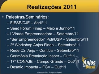 Realizações 2011
• Palestras/Seminários:
  – FIESP/CJE – Abril/11
  – Seed Fórum Finep – Maio e Junho/11
  – I Virada Empreendedora – Setembro/11
  – “Ser Empreendedor” Poli/USP – Setembro/11
  – 2º Workshop Anjos Finep – Setembro/11
  – Rede C2i Anjo – Curitiba – Setembro/11
  – Cerimônia Premiação Insper – Out/11
  – 17º CONAJE – Campo Grande – Out/11
  – Desafio Impacta – FGV – Out/11
                  Copyright 2011 © Anjos do Brasil
 