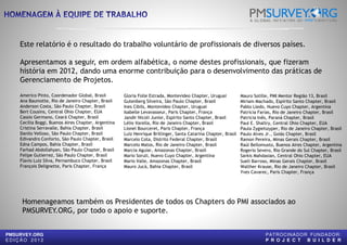 Este relatório é o resultado do trabalho voluntário
Apresentamos a seguir, em ordem alfabética, o
história em 2012, dando uma enorme contribuição
Gerenciamento de Projetos.Gerenciamento de Projetos.
Americo Pinto, Coordenador Global, Brasil
Ana Baumotte, Rio de Janeiro Chapter, Brasil
Anderson Costa, São Paulo Chapter, Brasil
Bert Cousins, Central Ohio Chapter, EUA
Cassio Germano, Ceará Chapter, Brasil
Cecilia Boggi, Buenos Aires Chapter, Argentina
Cristina Serravalle, Bahia Chapter, Brasil
Danilo Velloso, São Paulo Chapter, Brasil
Edivandro Conforto, São Paulo Chapter, Brasil
Edna Campos, Bahia Chapter, Brasil
Farhad Abdollahyan, São Paulo Chapter, Brasil
Felipe Gutierrez, São Paulo Chapter, Brasil
Flavio Luiz Silva, Pernambuco Chapter, Brasil
Gloria Folle Estrada, Montevideo Chapter,
Gutenberg Silveira, São Paulo Chapter,
Ines Cibils, Montevideo Chapter,
Isabelle Levavasseur, Paris Chapter,
Jandir Nicoli Junior, Espírito
Lélio Varella, Rio de Janeiro Chapter,
Lionel Bourceret, Paris Chapter,
Luiz Henrique Brillinger, Santa
Marcelo Cota, Distrito Federal Chapter,
Marcelo Matos, Rio de Janeiro Chapter,
Marcia Aguiar, Amazonas Chapter,
Mario Soruli, Nuevo Cuyo
Mario Valle, Amazonas Chapter,
PMSURVEY.ORG
E D I Ç Ã O 2 0 1 2
Flavio Luiz Silva, Pernambuco Chapter, Brasil
François Delignette, Paris Chapter, França
Mario Valle, Amazonas Chapter,
Mauro Jucá, Bahia Chapter,
Homenageamos também os Presidentes de todos os Chapters do PMI associados ao
PMSURVEY.ORG, por todo o apoio e suporte.
voluntário de profissionais de diversos países.
, o nome destes profissionais, que fizeram
contribuição para o desenvolvimento das práticas de
Mauro Sotille, PMI Mentor Região 13, Brasil
Miriam Machado, Espírito Santo Chapter, Brasil
Pablo Lledo, Nuevo Cuyo Chapter, Argentina
Patricia Farias, Rio de Janeiro Chapter, Brasil
Patricia Inês, Paraná Chapter, Brasil
Paul E. Shaltry, Central Ohio Chapter, EUA
Paula Zygielszyper, Rio de Janeiro Chapter, Brasil
Paulo Alves Jr., Goiás Chapter, Brasil
Ramon Pereira, Minas Gerais Chapter, Brasil
Raúl Bellomusto, Buenos Aires Chapter, Argentina
Rogerio Severo, Rio Grande do Sul Chapter, Brasil
Sarkis Mahdasian, Central Ohio Chapter, EUA
Sueli Barroso, Minas Gerais Chapter, Brasil
, Montevideo Chapter, Uruguai
, São Paulo Chapter, Brasil
, Montevideo Chapter, Uruguai
, Paris Chapter, França
Espírito Santo Chapter, Brasil
, Rio de Janeiro Chapter, Brasil
, Paris Chapter, França
, Santa Catarina Chapter, Brasil
, Distrito Federal Chapter, Brasil
Marcelo Matos, Rio de Janeiro Chapter, Brasil
, Amazonas Chapter, Brasil
Cuyo Chapter, Argentina
Mario Valle, Amazonas Chapter, Brasil
PATROCINADOR FUNDADOR:
P R O J E C T B U I L D E R
Sueli Barroso, Minas Gerais Chapter, Brasil
Walther Krause, Rio de Janeiro Chapter, Brasil
Yves Cavarec, Paris Chapter, França
Mario Valle, Amazonas Chapter, Brasil
, Bahia Chapter, Brasil
Homenageamos também os Presidentes de todos os Chapters do PMI associados ao
 
