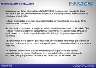 A segurança dos dados informados ao PMSURVEY.ORG é o ponto mais importante dessa
iniciativa e, por isso, recebe tratamento especial, o que tem garantido a credibilidade do
estudo por uma década.
Todas as informações fornecidas pelas organizações participantes são tratadas de forma
absolutamente confidencial.absolutamente confidencial.
Nenhum usuário tem acesso aos registros individuais do banco de dados do PMSURVEY.ORG.
Todos os relatórios disponíveis apresentam apenas informações consolidadas, através de
gráficos com percentuais, impossibilitando a identificação de qualquer organização
específica.
Adicionalmente, não é possível gerar relatórios personalizados para filtros que não tenham
ao menos quatro registros de organizações participantes, reforçando mais ainda a segurança
do sistema.
PMSURVEY.ORG
E D I Ç Ã O 2 0 1 2
do sistema.
Em nenhuma circunstância os dados fornecidos pelas organizações são cedidos,
comercializados ou compartilhados com terceiros. Adicionalmente também não são
utilizados para qualquer outra finalidade não relacionada ao PMSURVEY.ORG.
A segurança dos dados informados ao PMSURVEY.ORG é o ponto mais importante dessa
iniciativa e, por isso, recebe tratamento especial, o que tem garantido a credibilidade do
Todas as informações fornecidas pelas organizações participantes são tratadas de forma
Nenhum usuário tem acesso aos registros individuais do banco de dados do PMSURVEY.ORG.
Todos os relatórios disponíveis apresentam apenas informações consolidadas, através de
gráficos com percentuais, impossibilitando a identificação de qualquer organização
Adicionalmente, não é possível gerar relatórios personalizados para filtros que não tenham
ao menos quatro registros de organizações participantes, reforçando mais ainda a segurança
PATROCINADOR FUNDADOR:
P R O J E C T B U I L D E R
Em nenhuma circunstância os dados fornecidos pelas organizações são cedidos,
comercializados ou compartilhados com terceiros. Adicionalmente também não são
utilizados para qualquer outra finalidade não relacionada ao PMSURVEY.ORG.
 
