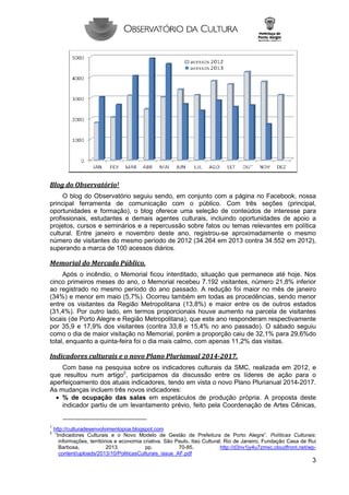 Blog do Observatório1
O blog do Observatório seguiu sendo, em conjunto com a página no Facebook, nossa
principal ferramenta de comunicação com o público. Com três seções (principal,
oportunidades e formação), o blog oferece uma seleção de conteúdos de interesse para
profissionais, estudantes e demais agentes culturais, incluindo oportunidades de apoio a
projetos, cursos e seminários e a repercussão sobre fatos ou temas relevantes em política
cultural. Entre janeiro e novembro deste ano, registrou-se aproximadamente o mesmo
número de visitantes do mesmo período de 2012 (34.264 em 2013 contra 34.552 em 2012),
superando a marca de 100 acessos diários.

Memorial do Mercado Público.
Após o incêndio, o Memorial ficou interditado, situação que permanece até hoje. Nos
cinco primeiros meses do ano, o Memorial recebeu 7.192 visitantes, número 21,8% inferior
ao registrado no mesmo período do ano passado. A redução foi maior no mês de janeiro
(34%) e menor em maio (5,7%). Ocorreu também em todas as procedências, sendo menor
entre os visitantes da Região Metropolitana (13,8%) e maior entre os de outros estados
(31,4%). Por outro lado, em termos proporcionais houve aumento na parcela de visitantes
locais (de Porto Alegre e Região Metropolitana), que este ano responderam respectivamente
por 35,9 e 17,9% dos visitantes (contra 33,8 e 15,4% no ano passado). O sábado seguiu
como o dia de maior visitação no Memorial, porém a proporção caiu de 32,1% para 29,6%do
total, enquanto a quinta-feira foi o dia mais calmo, com apenas 11,2% das visitas.

Indicadores culturais e o novo Plano Plurianual 2014-2017.
Com base na pesquisa sobre os indicadores culturais da SMC, realizada em 2012, e
que resultou num artigo2, participamos da discussão entre os líderes de ação para o
aperfeiçoamento dos atuais indicadores, tendo em vista o novo Plano Plurianual 2014-2017.
As mudanças incluem três novos indicadores:
• % de ocupação das salas em espetáculos de produção própria. A proposta deste
indicador partiu de um levantamento prévio, feito pela Coordenação de Artes Cênicas,

1
2

http://culturadesenvolvimentopoa.blogspot.com
“Indicadores Culturais e o Novo Modelo de Gestão de Prefeitura de Porto Alegre”. Políticas Culturais:
informações, territórios e economia criativa. São Paulo, Itaú Cultural; Rio de Janeiro, Fundação Casa de Rui
Barbosa,
2013.
pp.
70-85.
http://d3nv1jy4u7zmsc.cloudfront.net/wpcontent/uploads/2013/10/PoliticasCulturais_issue_AF.pdf

3

 