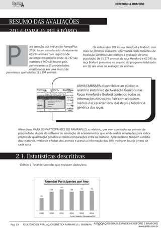 RESUMO DAS AVALIAÇÕES
2014 PARA O RELATÓRIO
ara geração dos índices do PampaPlus
2014, foram considerados diretamente
60.224 animais com registros de
desempenho próprio, onde 31.737 são
matrizes e 960 são touros pais,
pertencentes a 51 propriedades,
relacionados em uma matriz de
Pparentesco que totaliza 111.394 animais.
Os índices dos 391 touros Hereford e Braford, com
mais de 20 filhos avaliados, informados neste Relatório de
Avaliação Genética são relativos à avaliação de uma
população de 35.177 animais da raça Hereford e 62.345 da
raça Braford presentes no arquivo do programa totalizado
em (6) seis anos de avaliação de animais.
ABHB/EMBRAPA disponibiliza ao público o
relatório eletrônico de Avaliação Genética das
Raças Hereford e Braford contendo todas as
informações dos touros Pais com os valores
médios das característica, das dep’s e tendência
genética das raças.
Além disso, PARA OS PARTICIPANTES DO PAMPAPLUS, o relatório, que vem com todos os animais da
propriedade, dispõe do software de simulação de acasalamentos que ainda realiza simulações para índice
próprio de qualificação genética e realiza comparações entre os criatório. Apresentando também a média
dos criatórios, relatórios e fichas dos animais e acesso a informação dos 30% melhores touros jovens de
cada safra.
2.1. Estatísticas descritivas
Gráfico 1: Total de fazendas que enviaram dados/ano.
___________
Pág: 13 RELATÓRIO DE AVALIAÇÃO GENÉTICA PAMPAPLUS / EMBRAPA 2014ASSOCIAÇÃO BRASILEIRA DE HEREFORD E BRAFORD
www.abhb.com.br
 