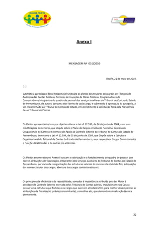 Anexo I



                                          MENSAGEM Nº 001/2010




                                                                              Recife, 21 de maio de 2010.

(...)

Submeto à apreciação desse Respeitável Sindicato os pleitos dos titulares dos cargos de Técnicos de
Auditoria das Contas Públicas, Técnicos de Inspeção de Obras Públicas, Programadores de
Computadores integrantes do quadro de pessoal dos serviços auxiliares do Tribunal de Contas do Estado
de Pernambuco, de autoria conjunta dos líderes de cada cargo, e submetido à aprovação da categoria, a
ser encaminhado ao Tribunal de Contas do Estado, em atendimento à solicitação feita pela Presidência
desse Tribunal de Contas.




Os Pleitos apresentados tem por objetivo alterar a Lei nº 12.595, de 04 de junho de 2004, com suas
modificações posteriores, que dispõe sobre o Plano de Cargos e Evolução Funcional dos Grupos
Ocupacionais de Controle Externo e de Apoio ao Controle Externo do Tribunal de Contas do Estado de
Pernambuco, bem como a Lei nº 12.594, de 03 de junho de 2004, que Dispõe sobre a Estrutura
Organizacional do Tribunal de Contas do Estado de Pernambuco, seus respectivos Cargos Comissionados
e Funções Gratificadas e dá outras pro vidências.




Os Pleitos enumerados no Anexo I buscam a valorização e o fortalecimento do quadro de pessoal que
exerce atribuições de fiscalização, integrantes dos serviços auxiliares do Tribunal de Contas do Estado de
Pernambuco, por meio da reorganização das estruturas salariais da carreira da atividade fim, adequação
das nomenclaturas dos cargos, abertura dos cargos comissionados etc.




Os princípios da eficiência e da razoabilidade, somados à importância atribuída pela Lei Maior à
atividade de Controle Externo exercida pelos Tribunais de Contas pátrios, impulsionam esta Casa a
possuir uma estrutura que fortaleça os cargos que exercem atividades fim, para melhor desempenhar as
atribuições de fiscalização (prévia/concomitante), consultiva etc, que demandam atualização técnica
permanente.




                                                                                                       22
 