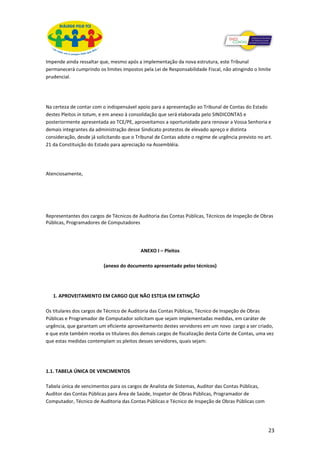 Impende ainda ressaltar que, mesmo após a implementação da nova estrutura, este Tribunal
permanecerá cumprindo os limites impostos pela Lei de Responsabilidade Fiscal, não atingindo o limite
prudencial.




Na certeza de contar com o indispensável apoio para a apresentação ao Tribunal de Contas do Estado
destes Pleitos in totum, e em anexo à consolidação que será elaborada pelo SINDICONTAS e
posteriormente apresentada ao TCE/PE, aproveitamos a oportunidade para renovar a Vossa Senhoria e
demais integrantes da administração desse Sindicato protestos de elevado apreço e distinta
consideração, desde já solicitando que o Tribunal de Contas adote o regime de urgência previsto no art.
21 da Constituição do Estado para apreciação na Assembléia.




Atenciosamente,




Representantes dos cargos de Técnicos de Auditoria das Contas Públicas, Técnicos de Inspeção de Obras
Públicas, Programadores de Computadores




                                           ANEXO I – Pleitos

                          (anexo do documento apresentado pelos técnicos)




   1. APROVEITAMENTO EM CARGO QUE NÃO ESTEJA EM EXTINÇÃO

Os titulares dos cargos de Técnico de Auditoria das Contas Públicas, Técnico de Inspeção de Obras
Públicas e Programador de Computador solicitam que sejam implementadas medidas, em caráter de
urgência, que garantam um eficiente aproveitamento destes servidores em um novo cargo a ser criado,
e que este também receba os titulares dos demais cargos de fiscalização desta Corte de Contas, uma vez
que estas medidas contemplam os pleitos desses servidores, quais sejam:




1.1. TABELA ÚNICA DE VENCIMENTOS

Tabela única de vencimentos para os cargos de Analista de Sistemas, Auditor das Contas Públicas,
Auditor das Contas Públicas para Área de Saúde, Inspetor de Obras Públicas, Programador de
Computador, Técnico de Auditoria das Contas Públicas e Técnico de Inspeção de Obras Públicas com




                                                                                                     23
 
